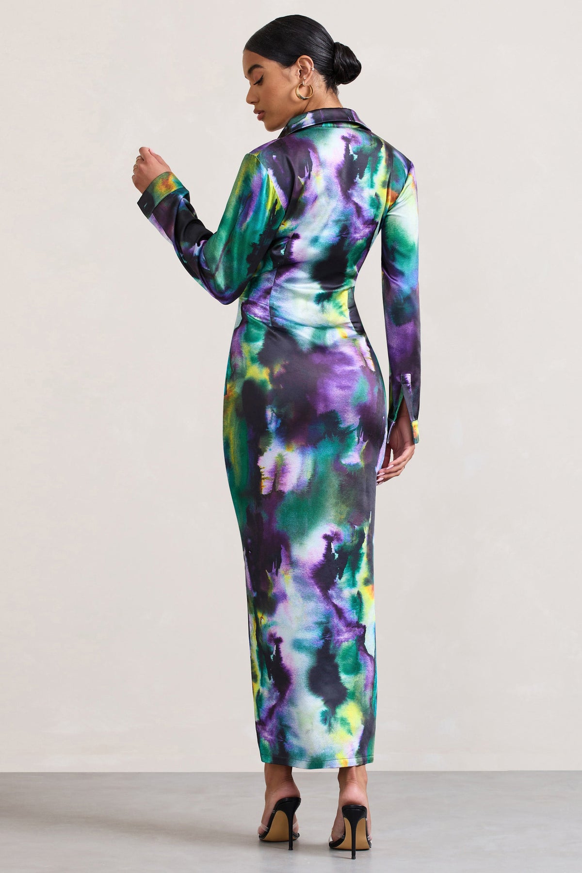 Oasis | Watercolour Print Satin Long-Sleeved Maxi Shirt Dress