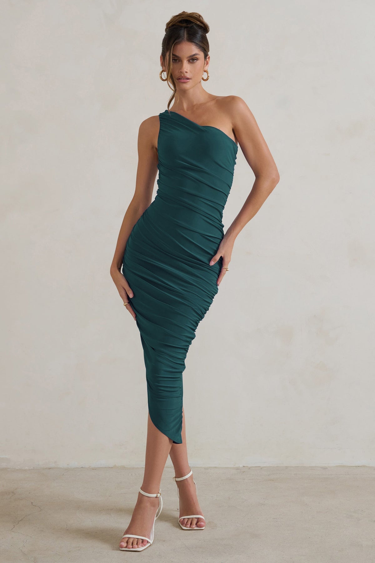 Dorit | Bottle Green One Shoulder Asymmetric Ruched Midi Dress