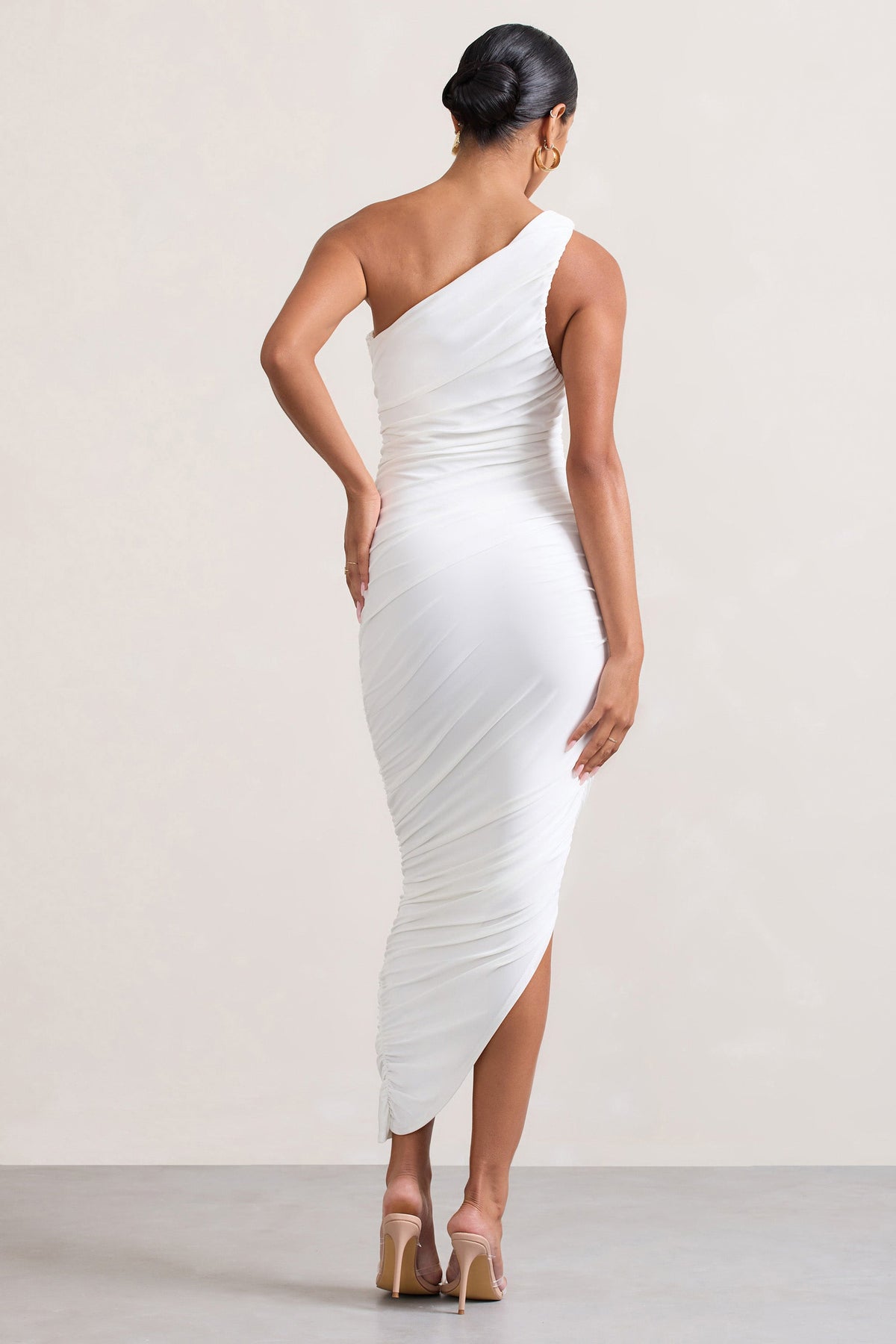 Dorit | White One Shoulder Asymmetric Ruched Midi Dress