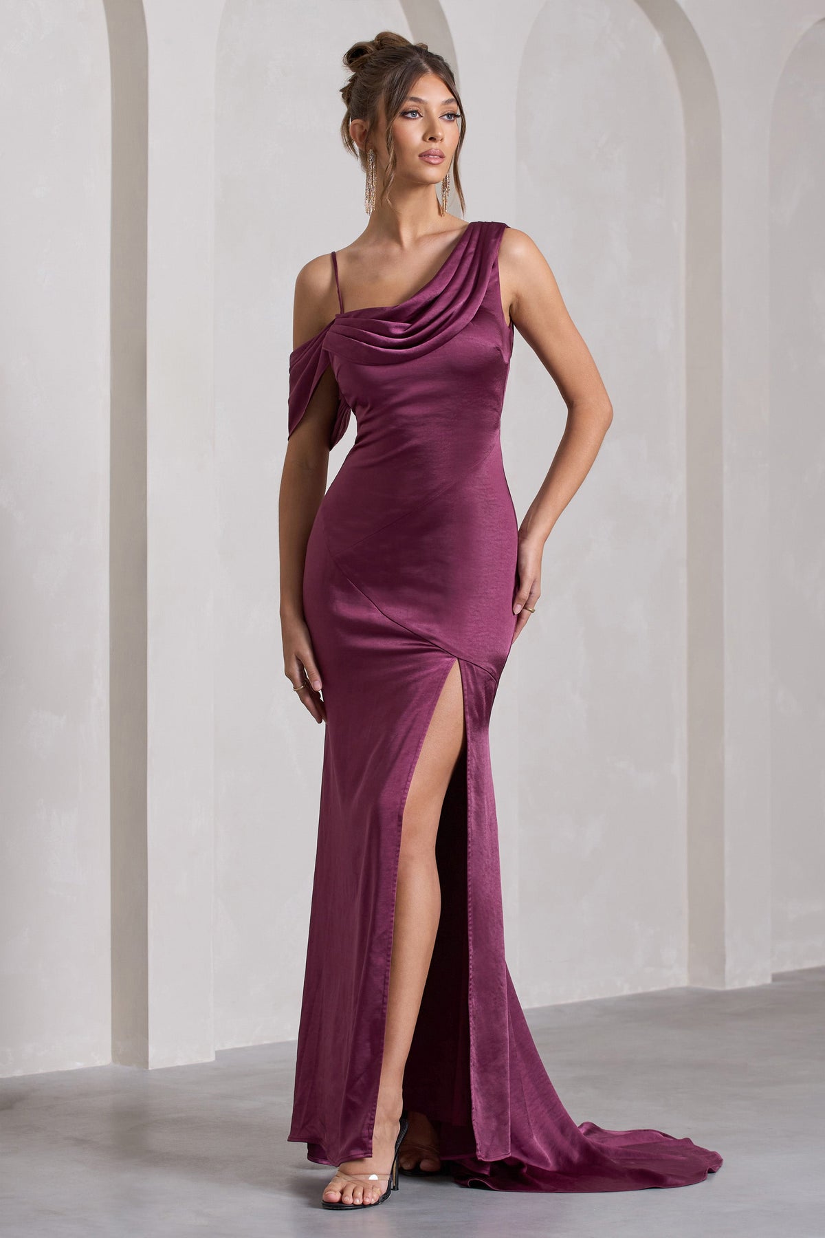 Jayne | Plum Satin Asymmetric Draped Split Maxi Dress