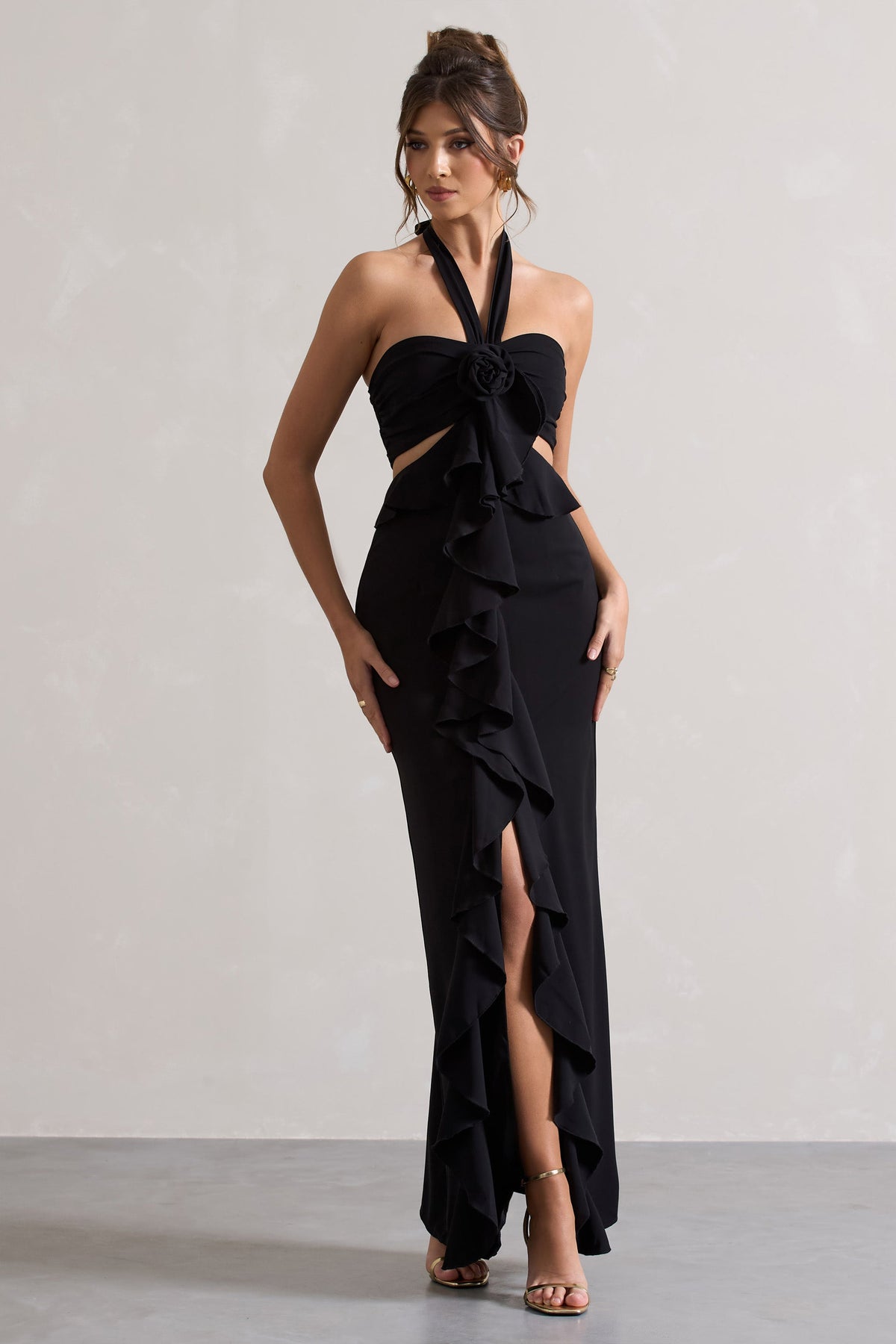 Powerful | Black Cut-Out Halter-Neck Maxi Dress With Flower & Ruffles