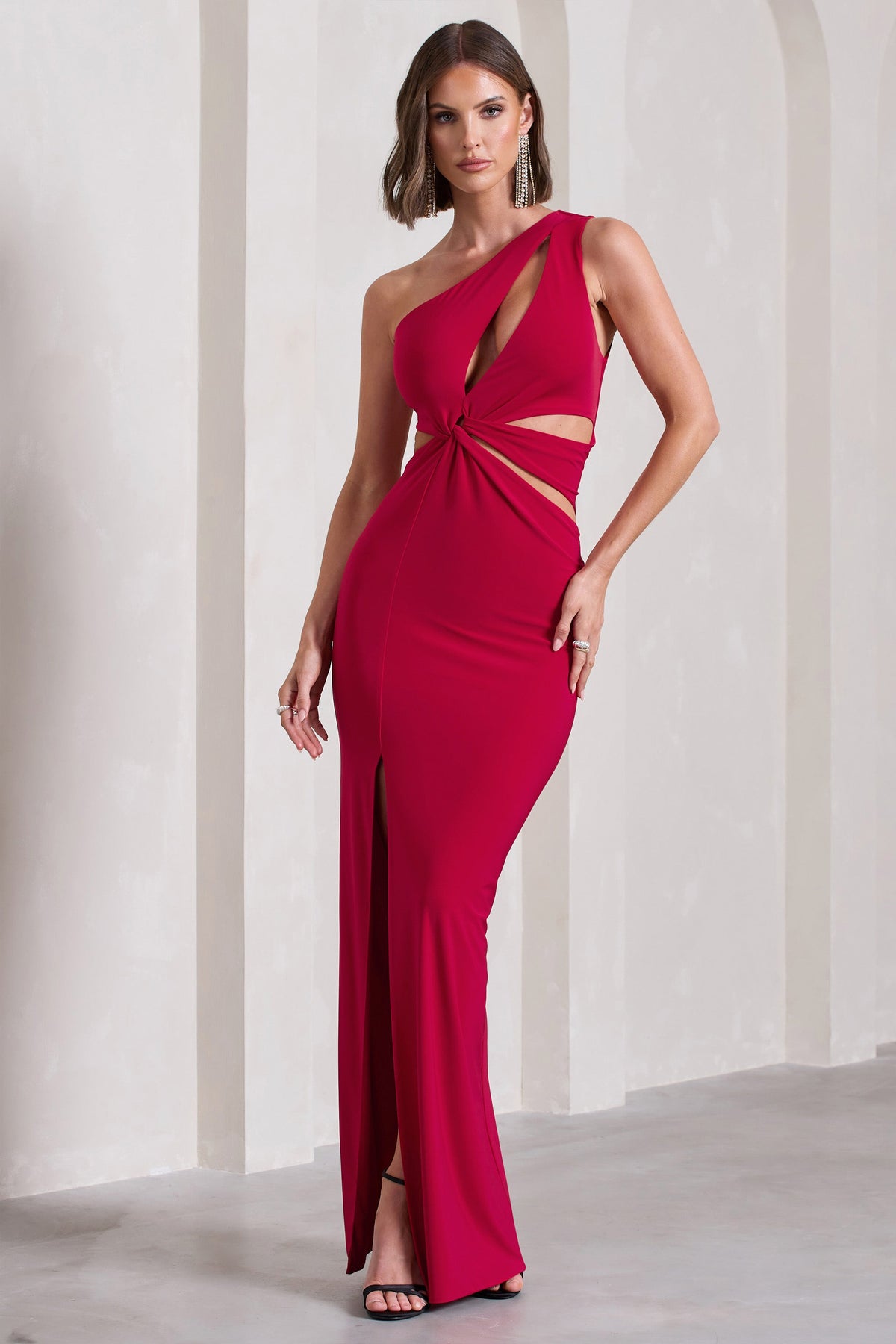 Emmy | Red One Shoulder Cut-Out Split Maxi Dress