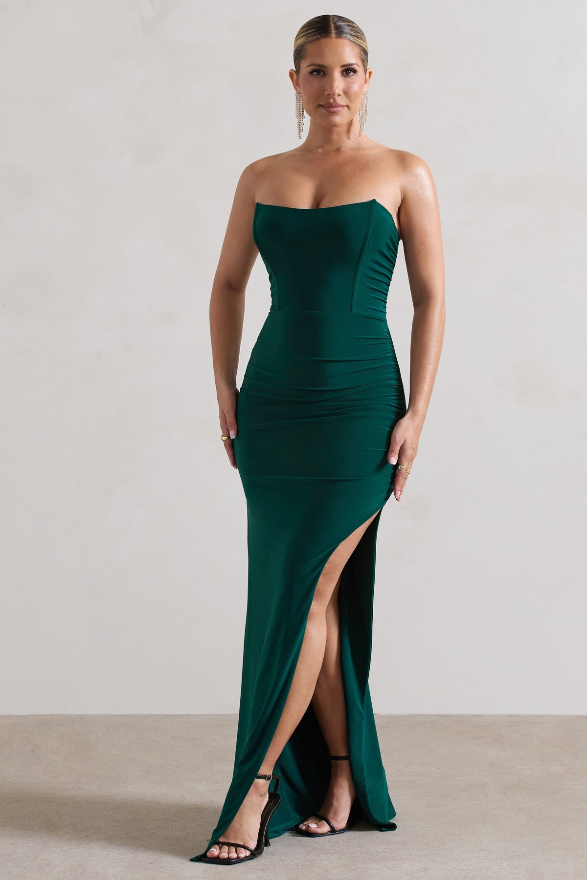 Eletta | Bottle Green Ruched Bandeau Asymmetric Maxi Dress