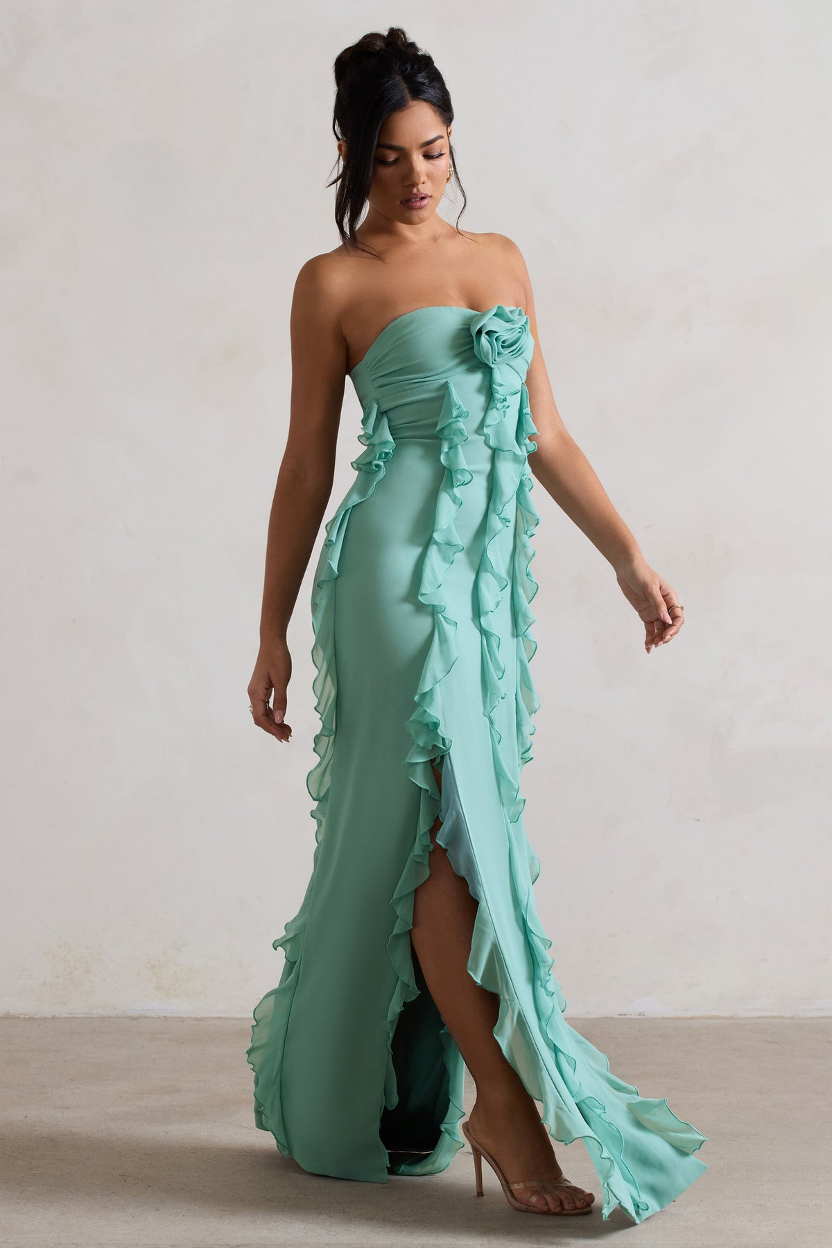 Gardenia | Mint Green Strapless Ruffle Maxi Dress With Corsage