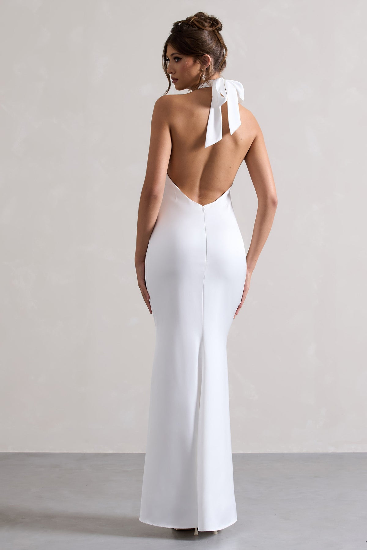 Unbeatable | White Satin Cross Over Halter-Neck Maxi Dress