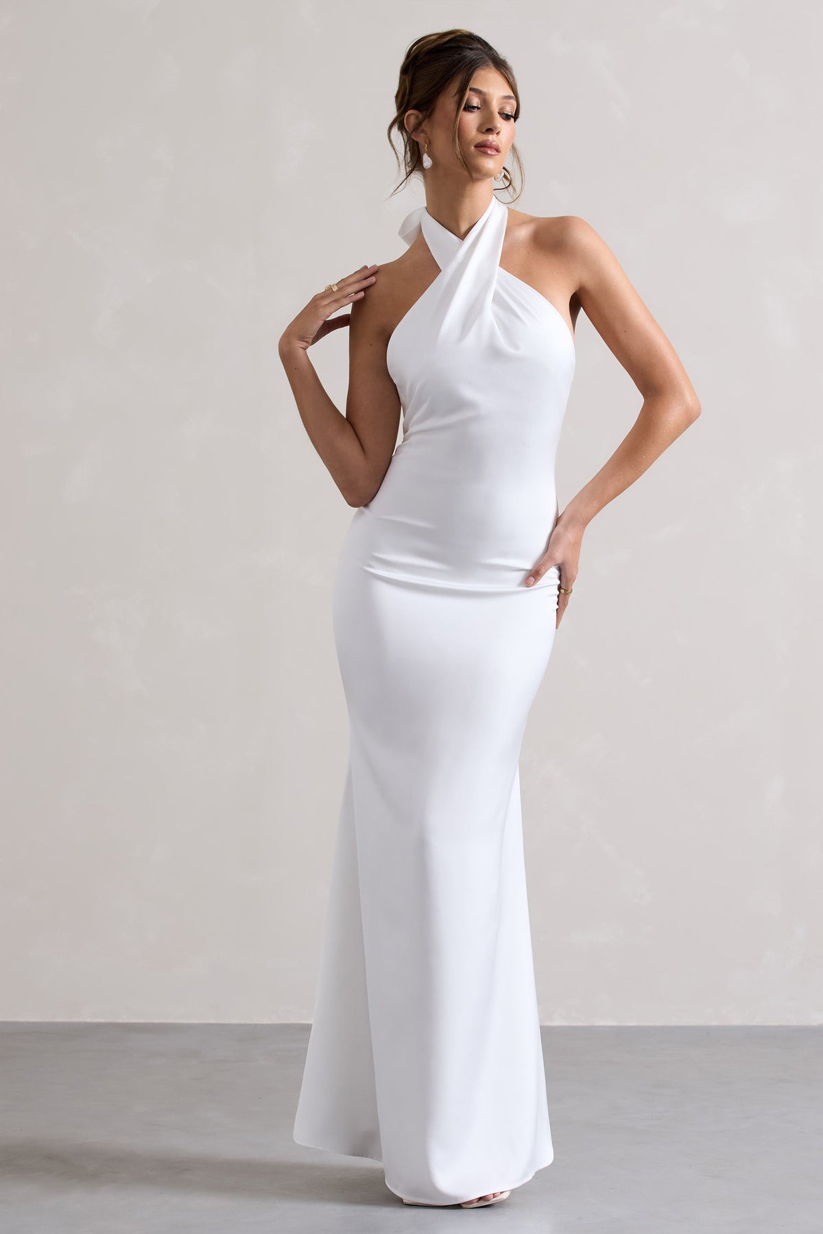 Unbeatable | White Satin Cross Over Halter-Neck Maxi Dress