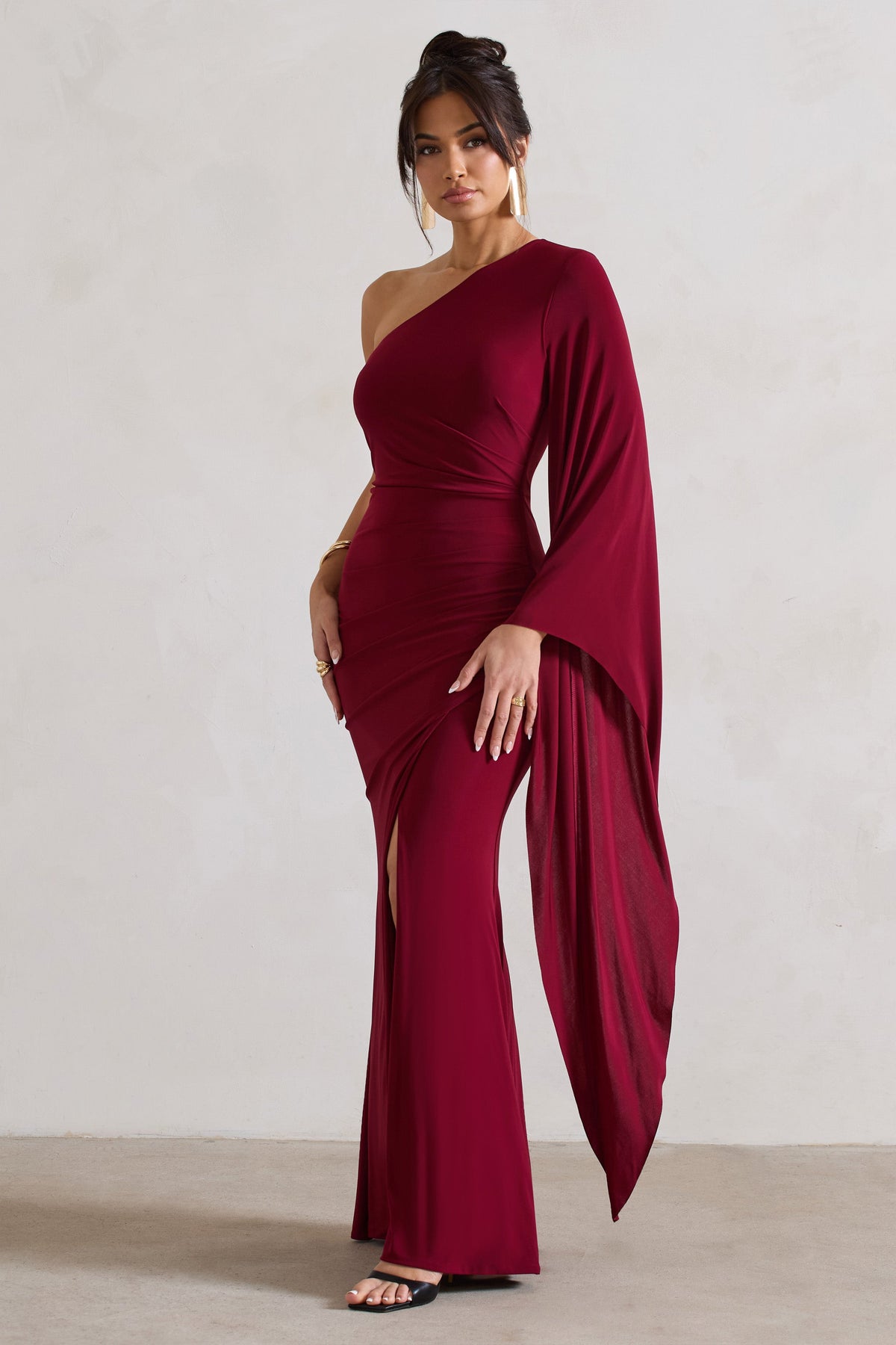 Giada | Berry Ruched One Shoulder Cape Sleeve Maxi Dress