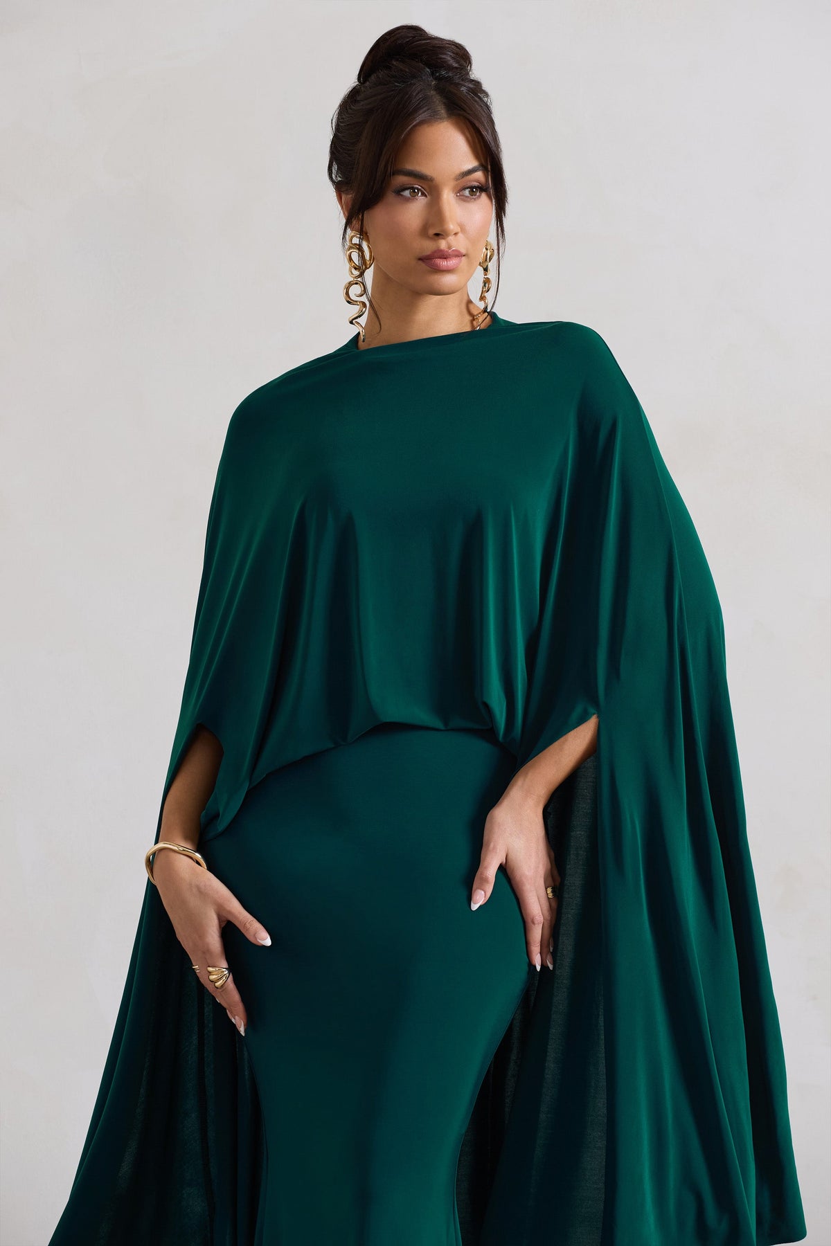 Charmaine | Bottle Green High-Neck Maxi Dress With Cape