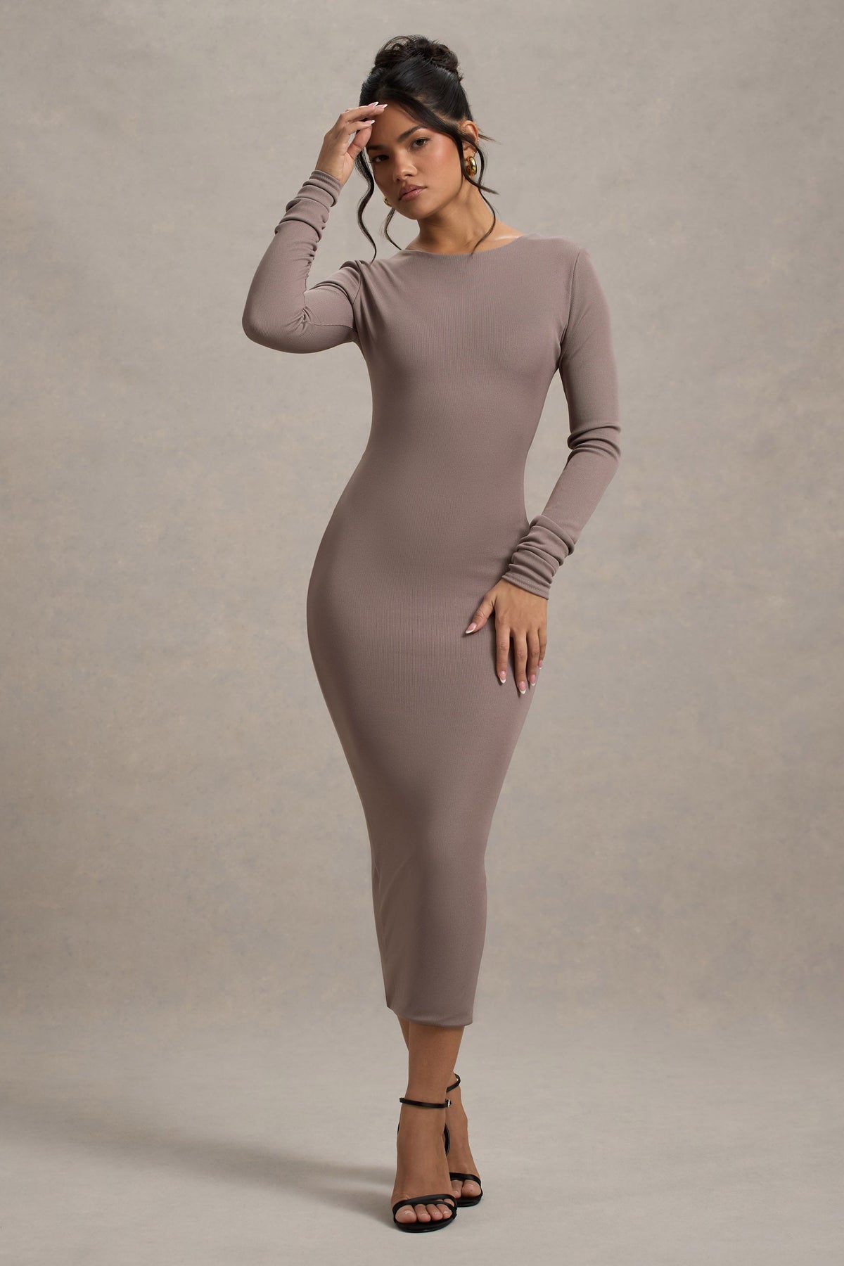 Madden | Taupe Rib Knit Cowl-Back Midi Dress