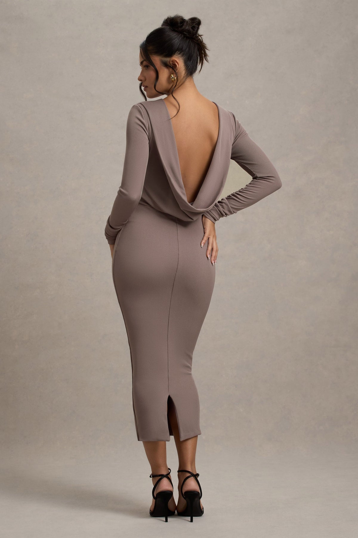 Madden | Taupe Rib Knit Cowl-Back Midi Dress