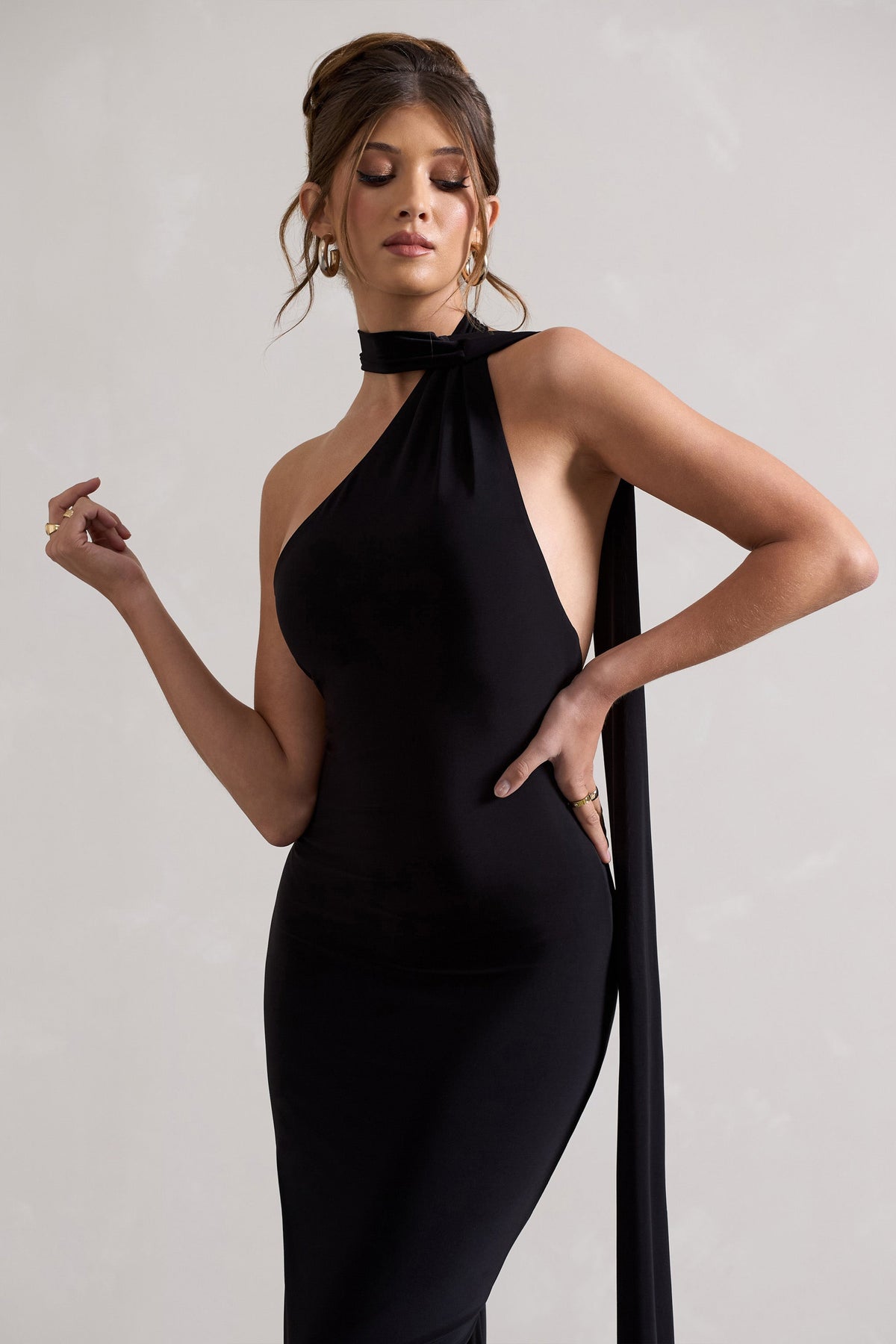 Miss | Black One Shoulder Backless Maxi Dress With Scarf