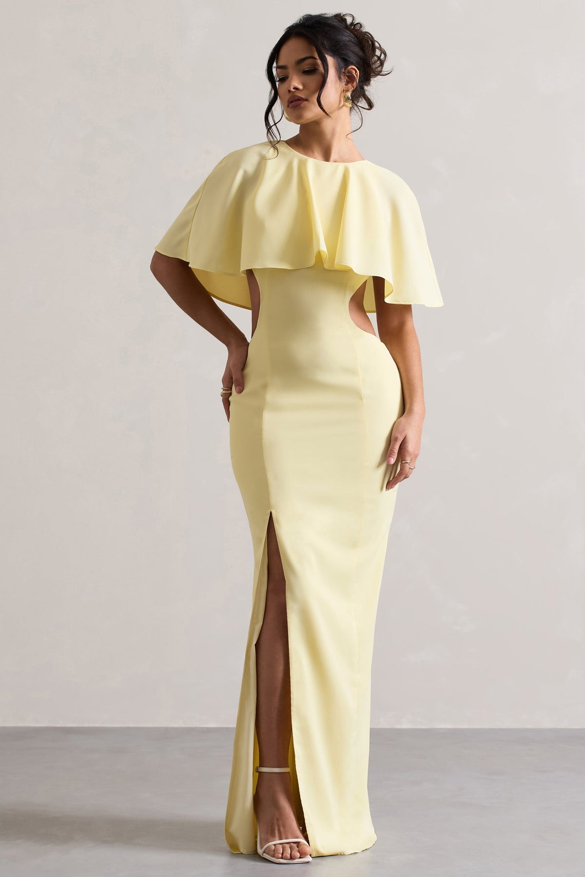 Isadora | Pastel Yellow Cut-Out Split Maxi Dress With Cape