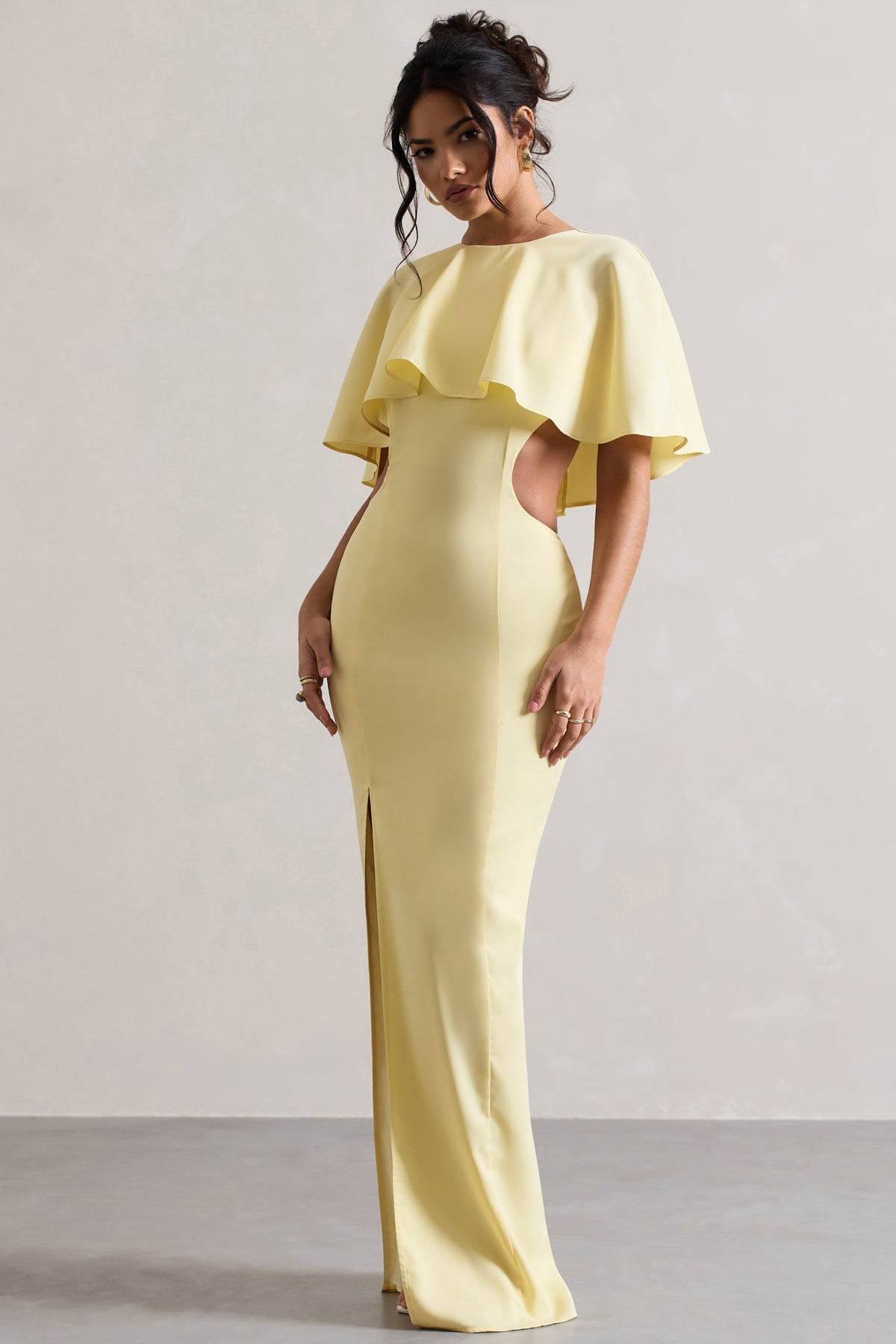 Isadora | Pastel Yellow Cut-Out Split Maxi Dress With Cape