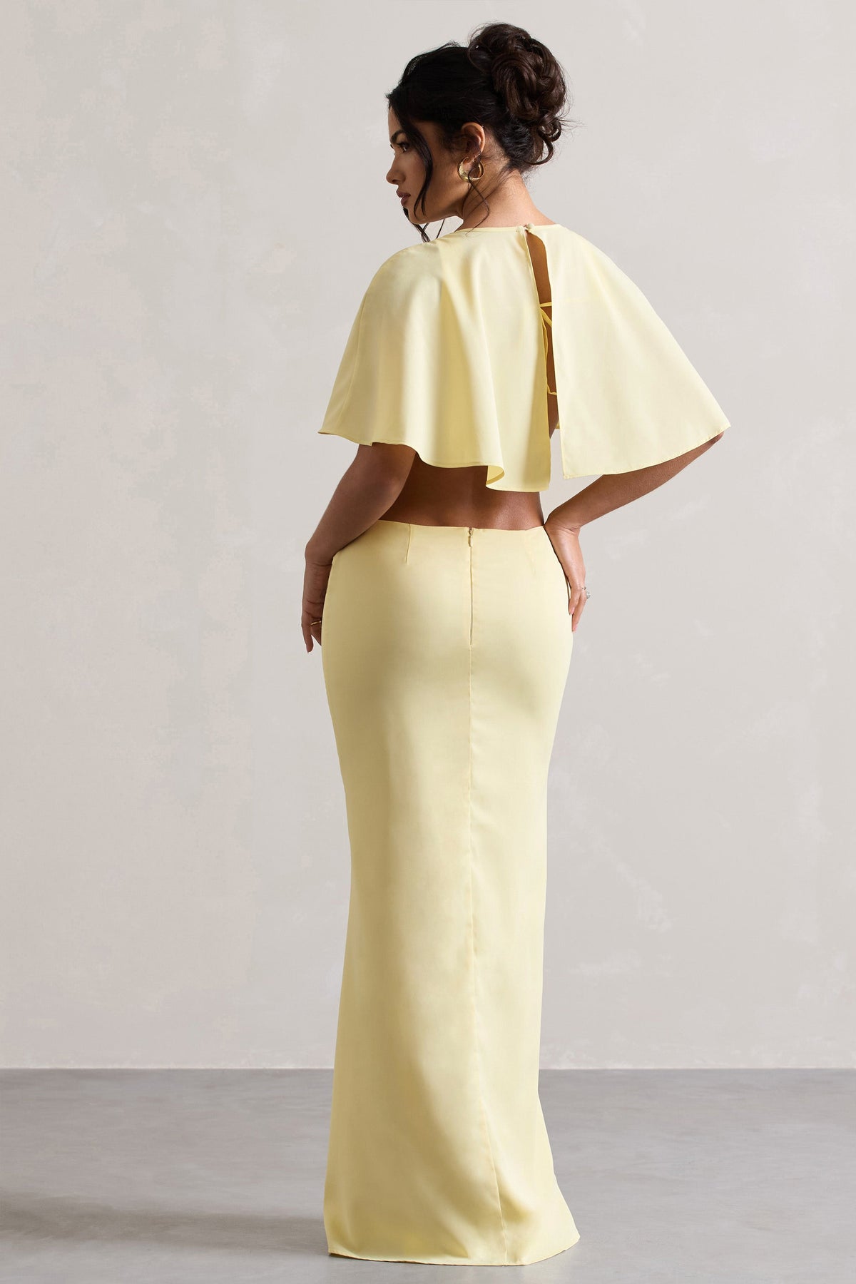 Isadora | Pastel Yellow Cut-Out Split Maxi Dress With Cape