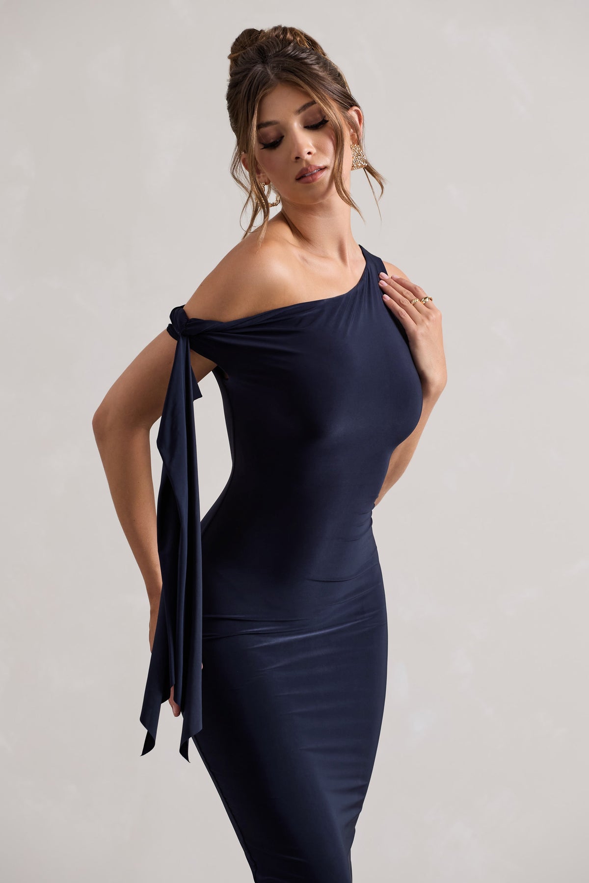 Adapt | Navy Asymmetric Midi Dress With Tie Sleeve