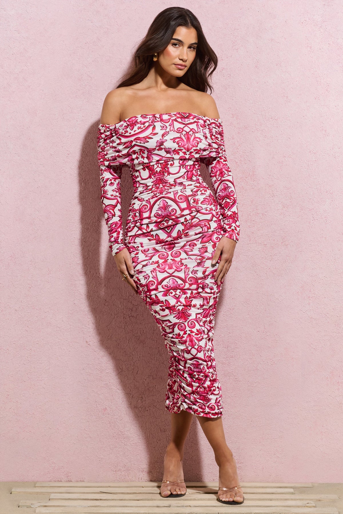 Over Love | Pink Porcelain Print Bardot Midi Dress