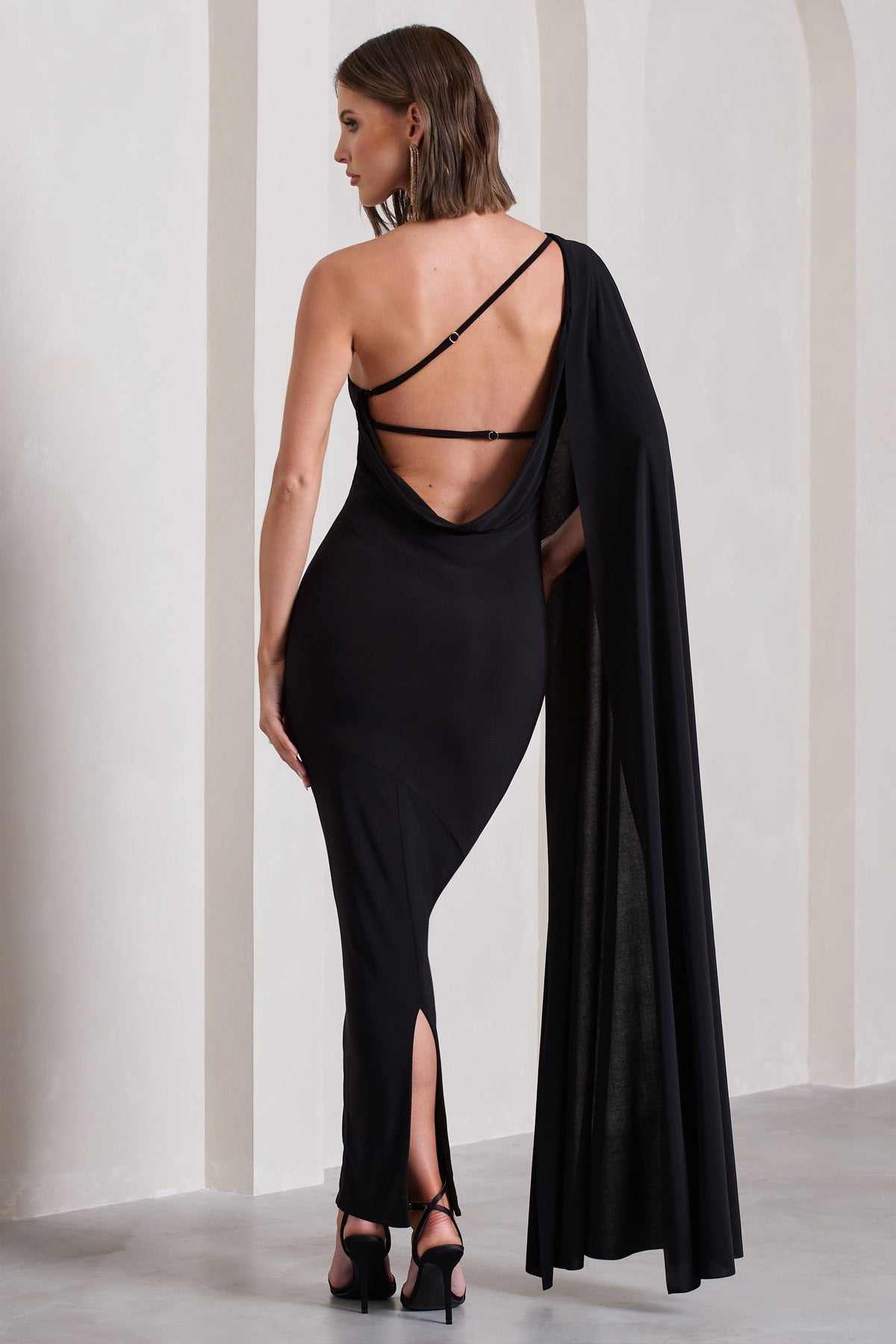 Kamila | Black One Shoulder Cape Sleeve Open-Back Maxi Dress