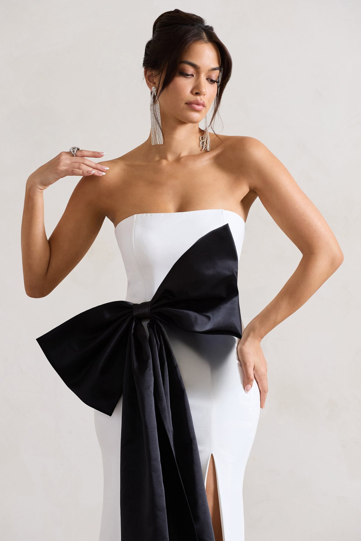 Sincerely | White Bandeau Split Maxi Dress With Oversized Black Bow