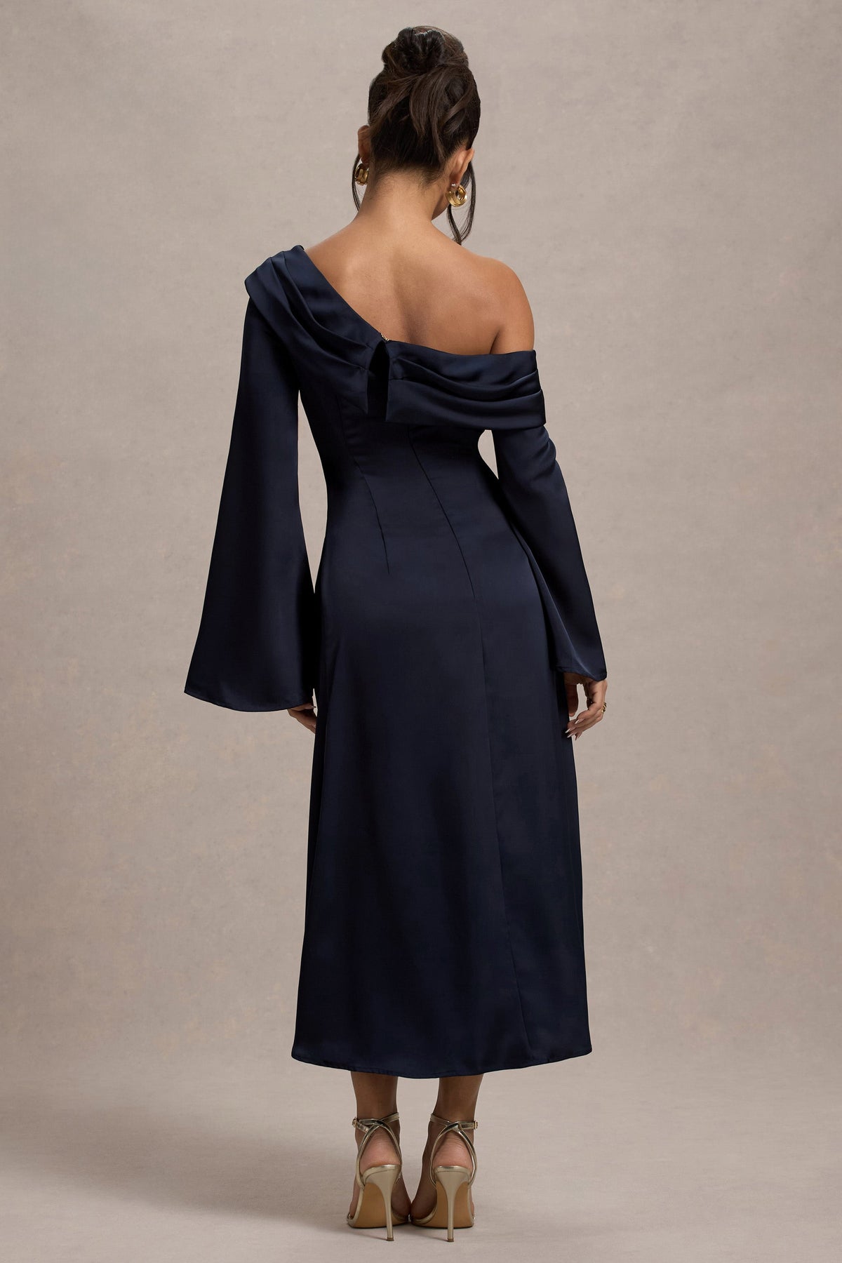 Astral | Navy Satin Asymmetric Flared-Sleeve Midi Dress