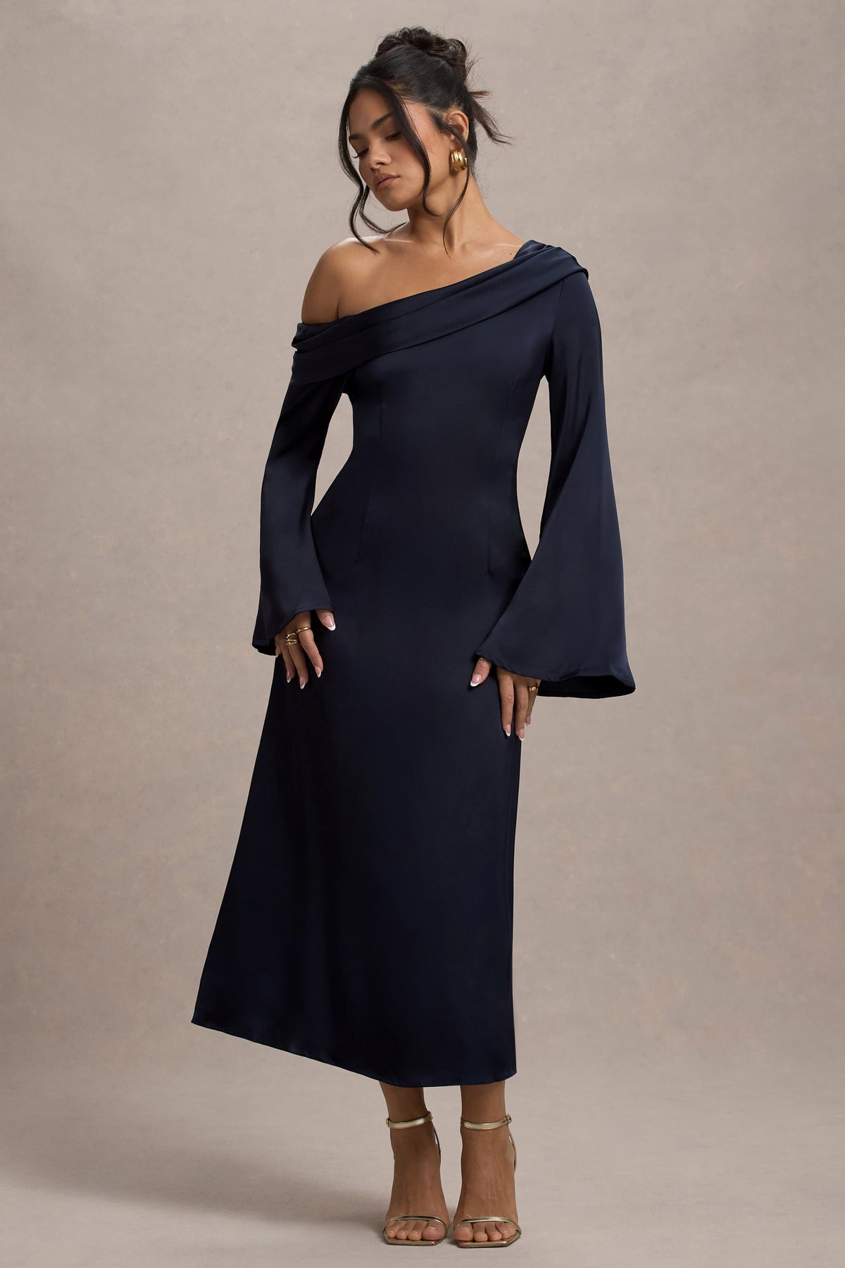 Astral | Navy Satin Asymmetric Flared-Sleeve Midi Dress