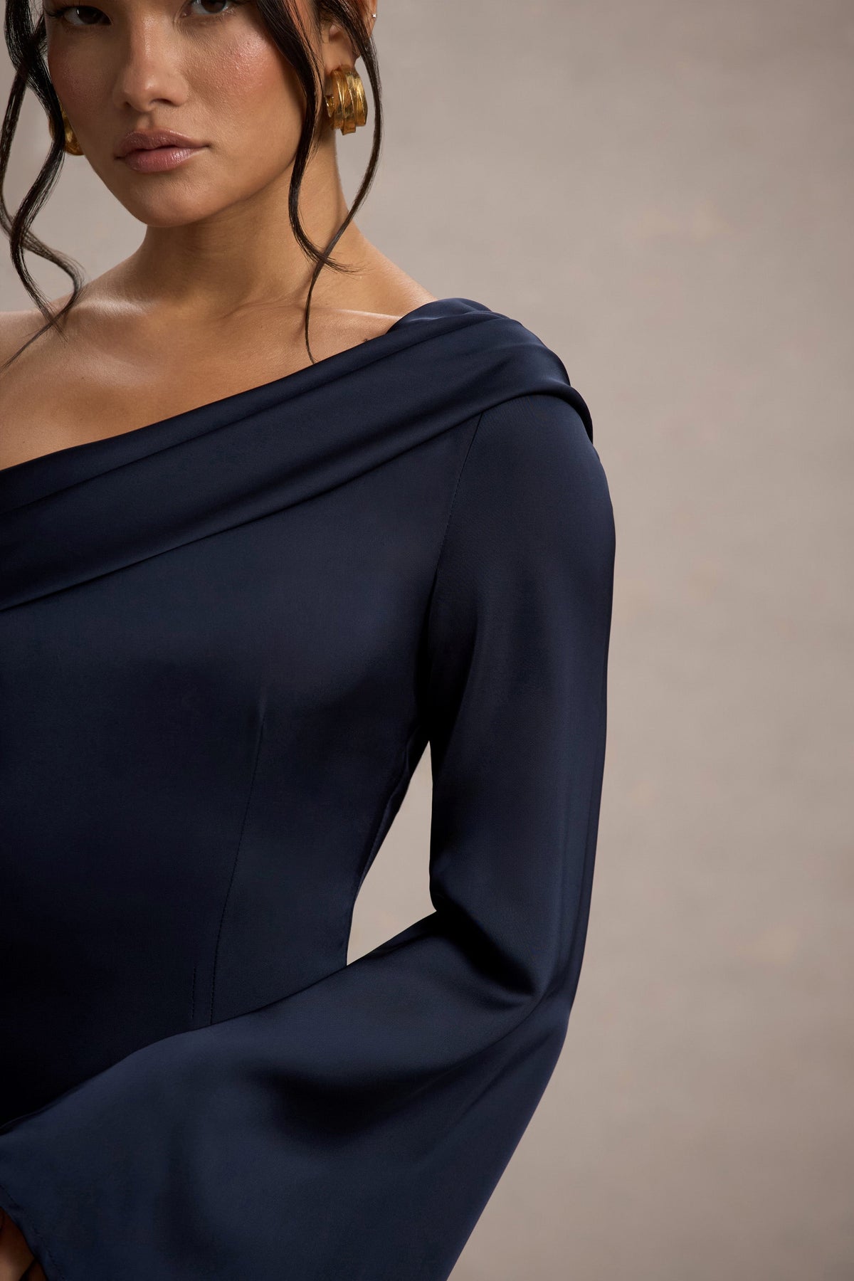 Astral | Navy Satin Asymmetric Flared-Sleeve Midi Dress