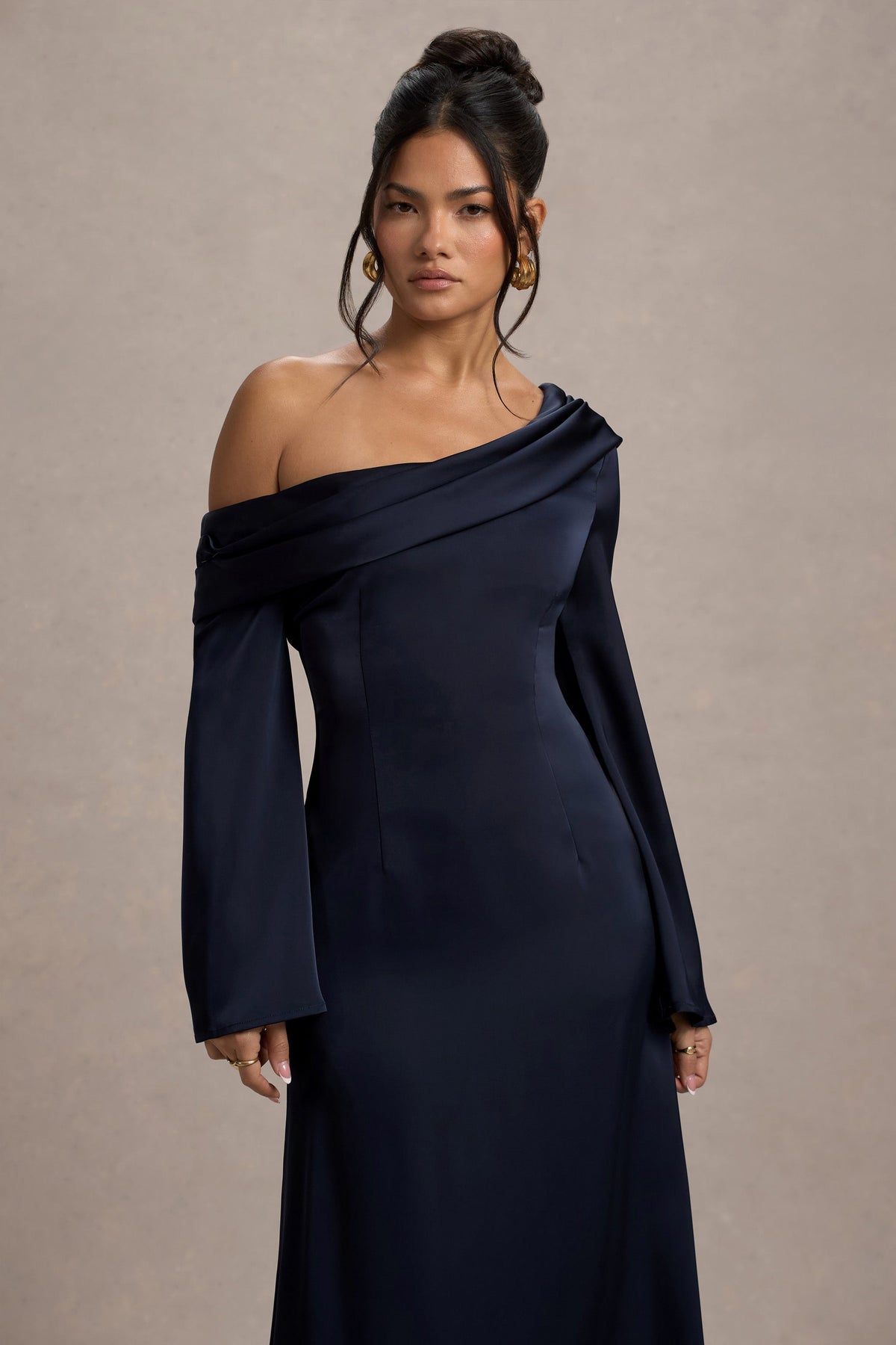 Astral | Navy Satin Asymmetric Flared-Sleeve Midi Dress