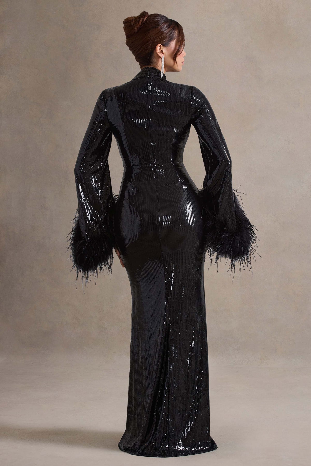 Cosmic Star | Black Sequin High-Neck Maxi Dress With Feather Cuffs