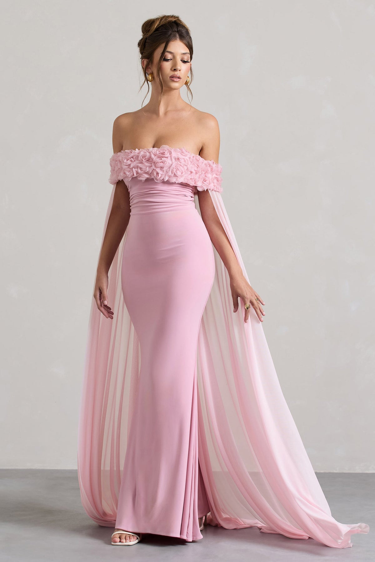 Avant Garde Blush Pink Floral Bardot Fishtail Maxi Dress With Mesh C Club L London UAE