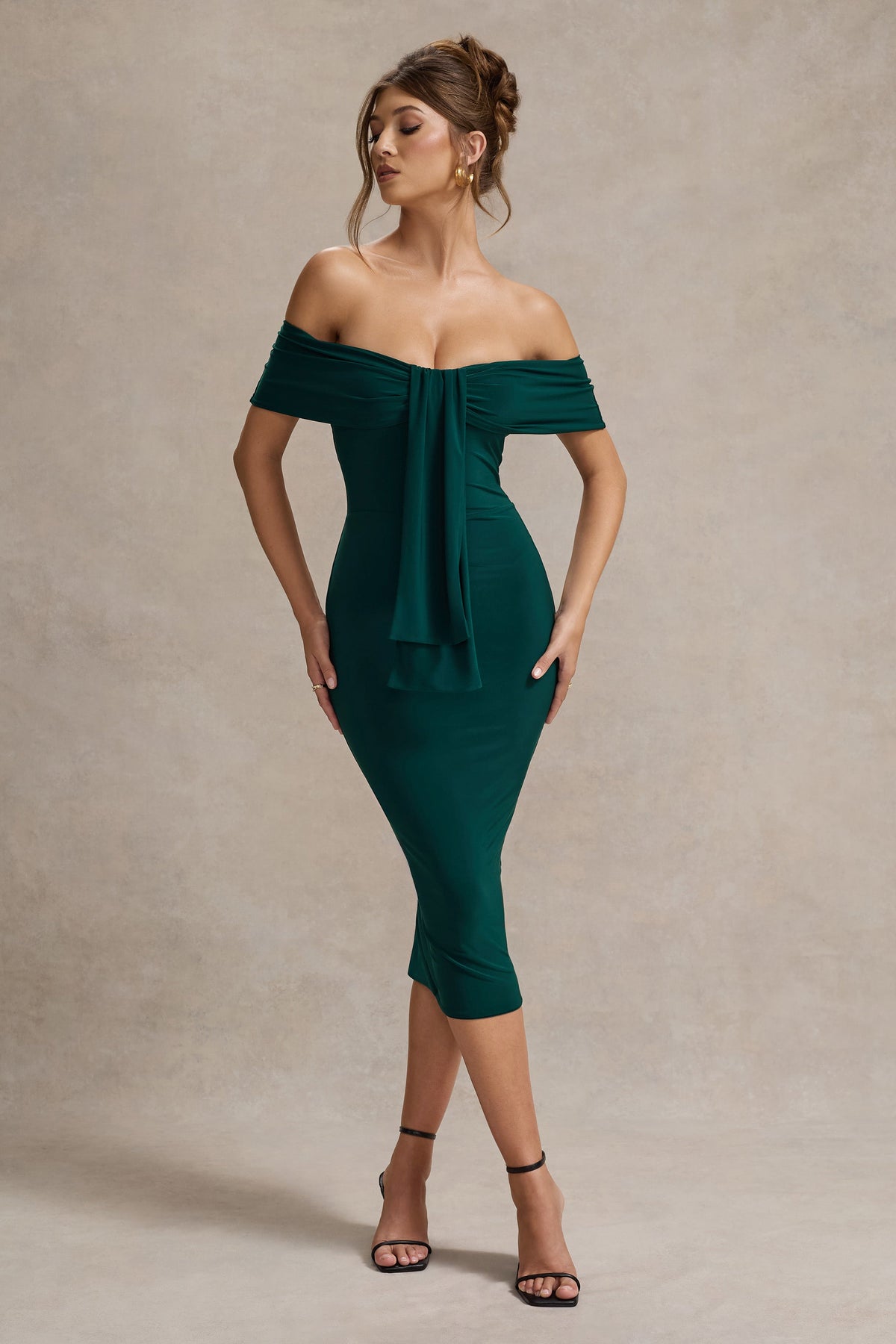 Selbie | Bottle Green Bardot Midi Dress With Drape