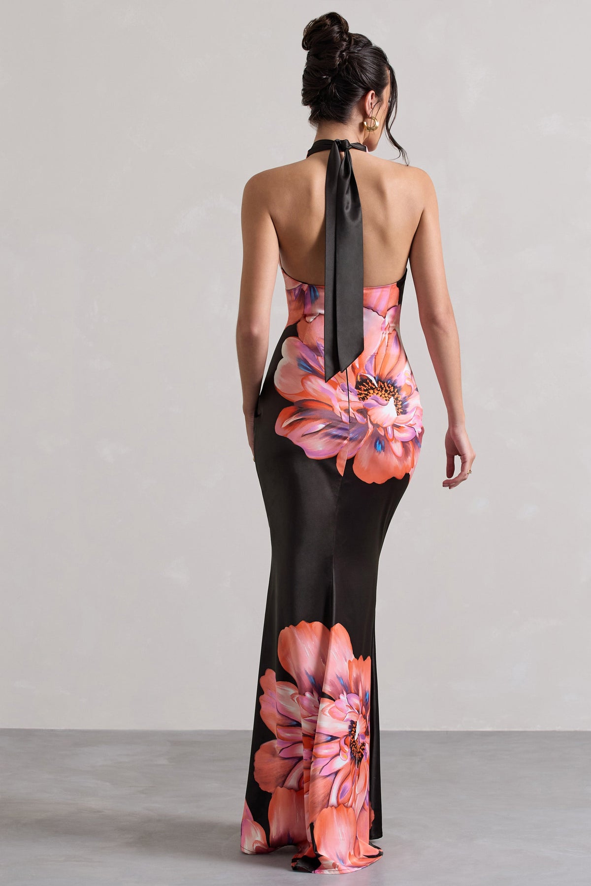 Tropicana | Pink Floral Satin Cross Over Halterneck Maxi Dress