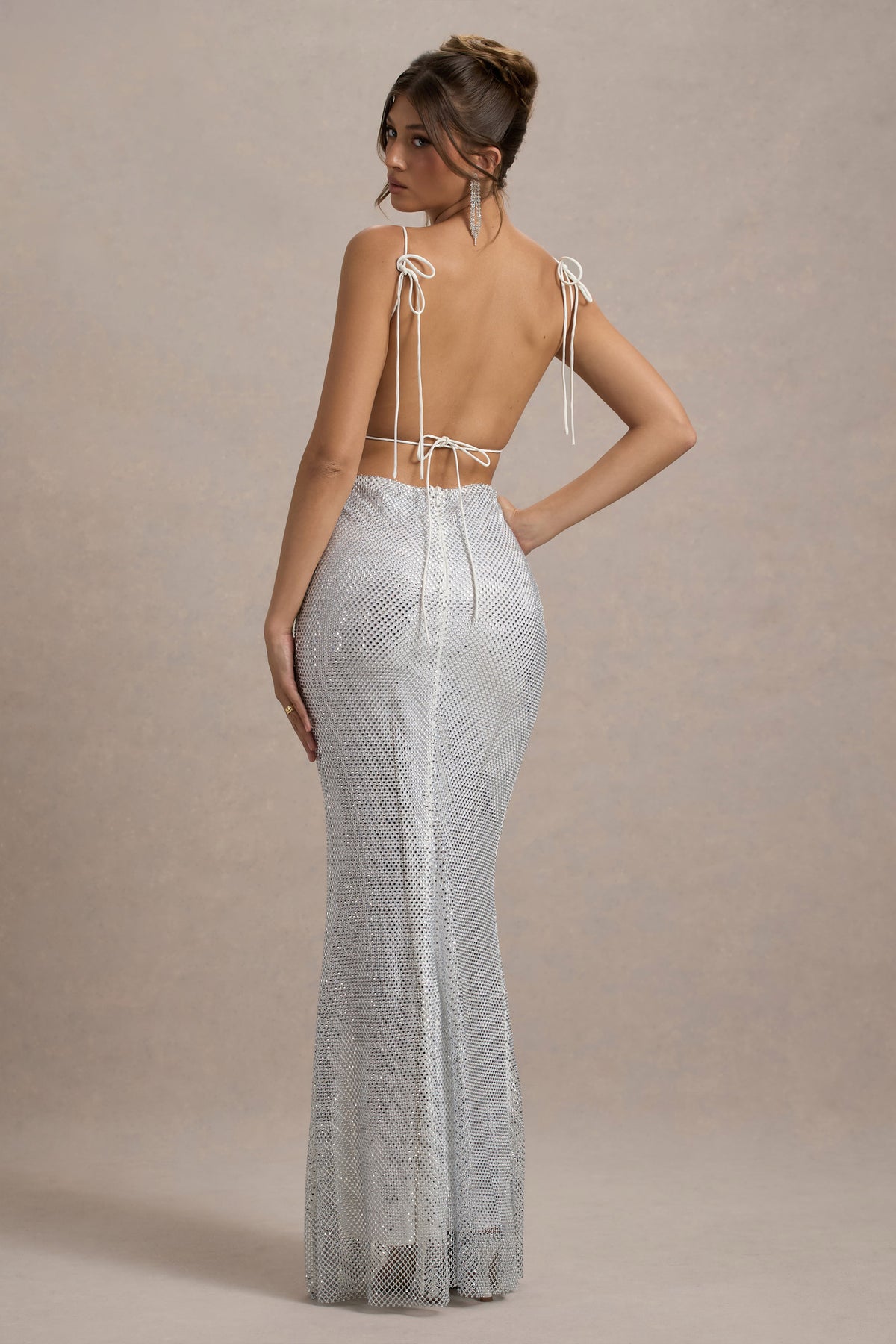 Quartz | Silver Embellished Square-Neck Open-Back Maxi Dress