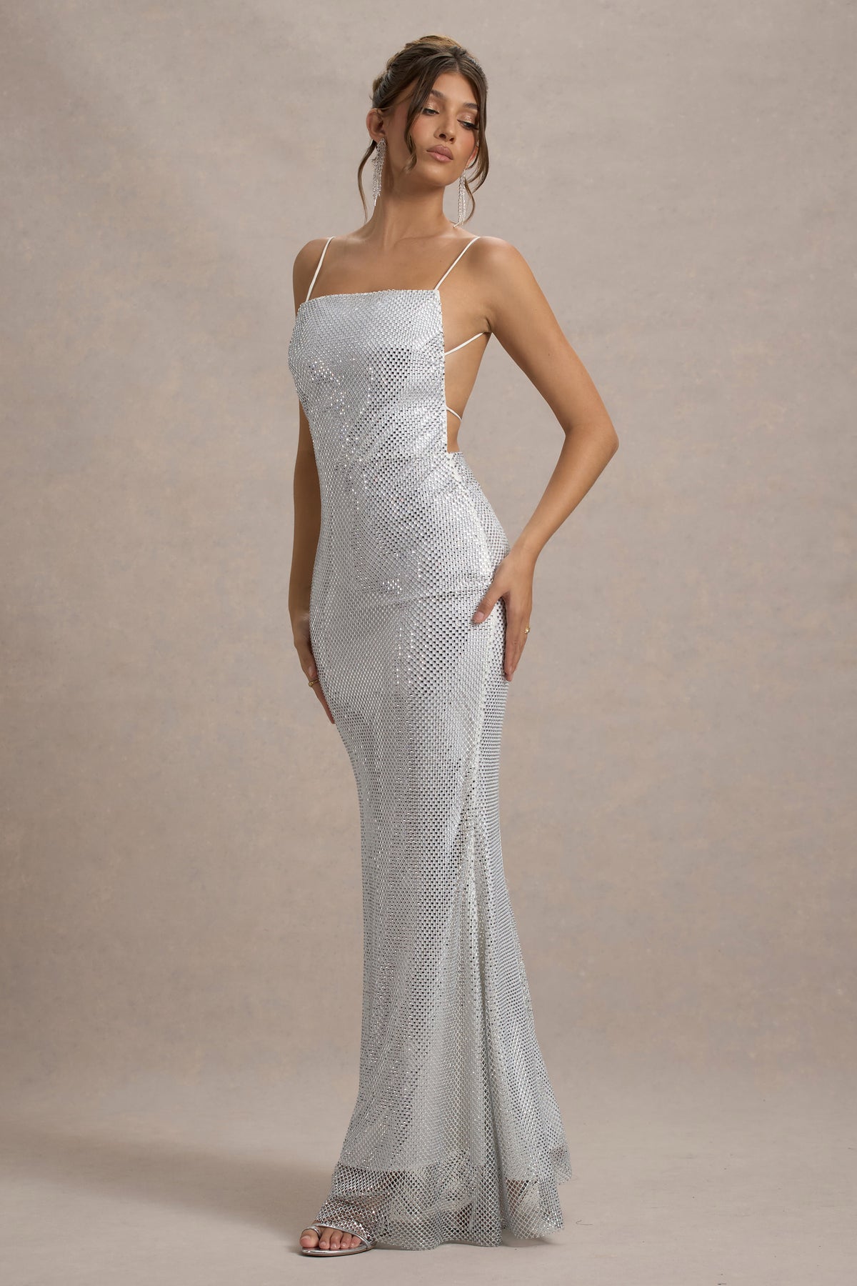 Quartz | Silver Embellished Square-Neck Open-Back Maxi Dress