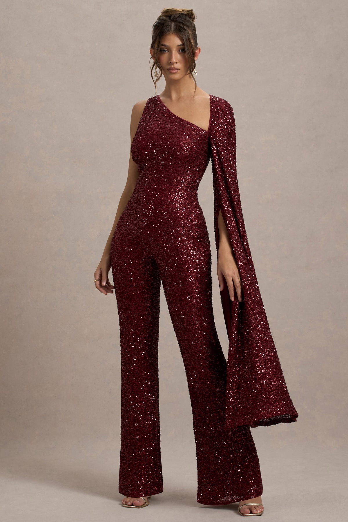 Star Seeker | Port Sequin One-Shoulder Cape Sleeve Jumpsuit