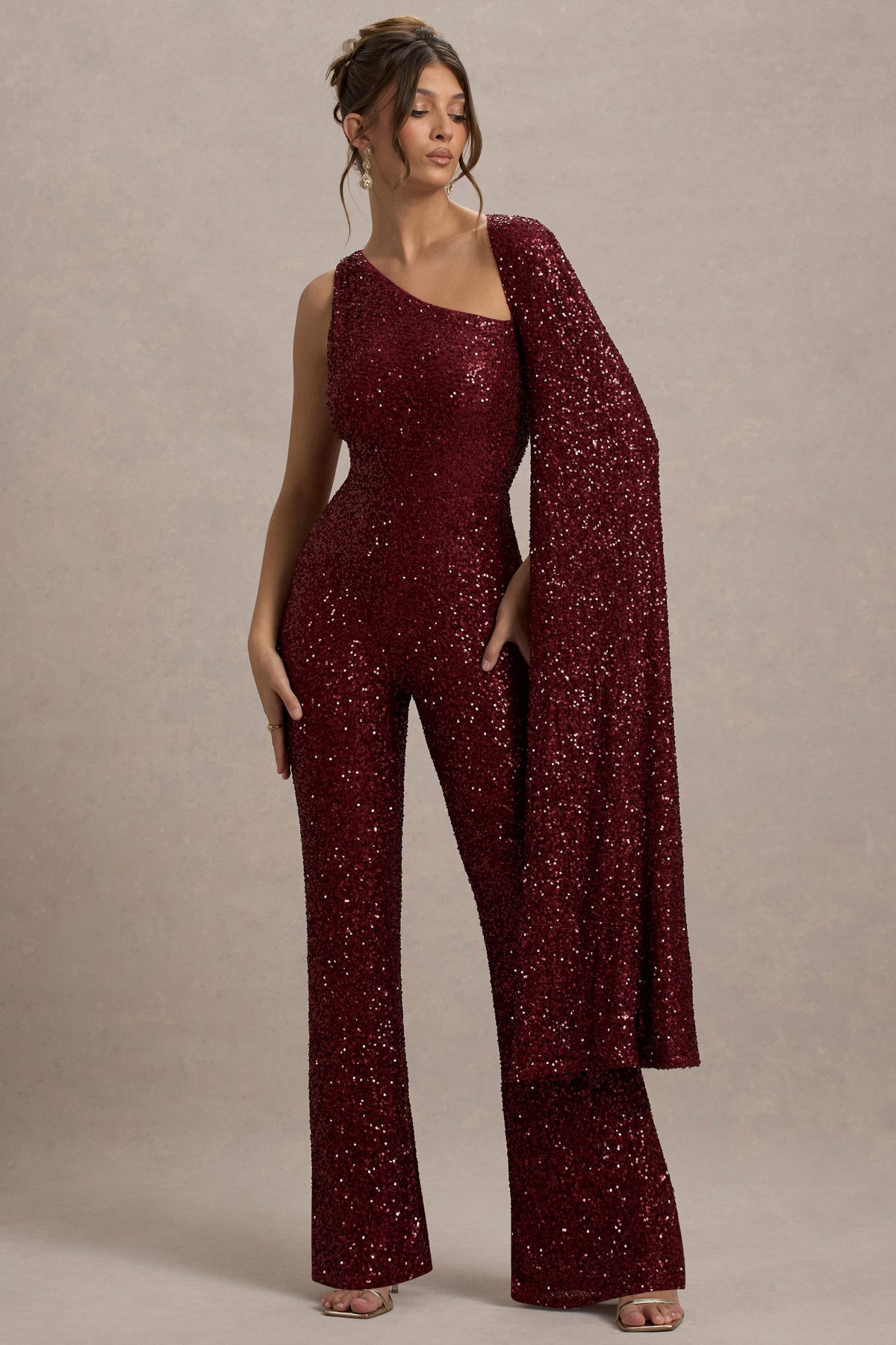 Star Seeker | Port Sequin One-Shoulder Cape Sleeve Jumpsuit