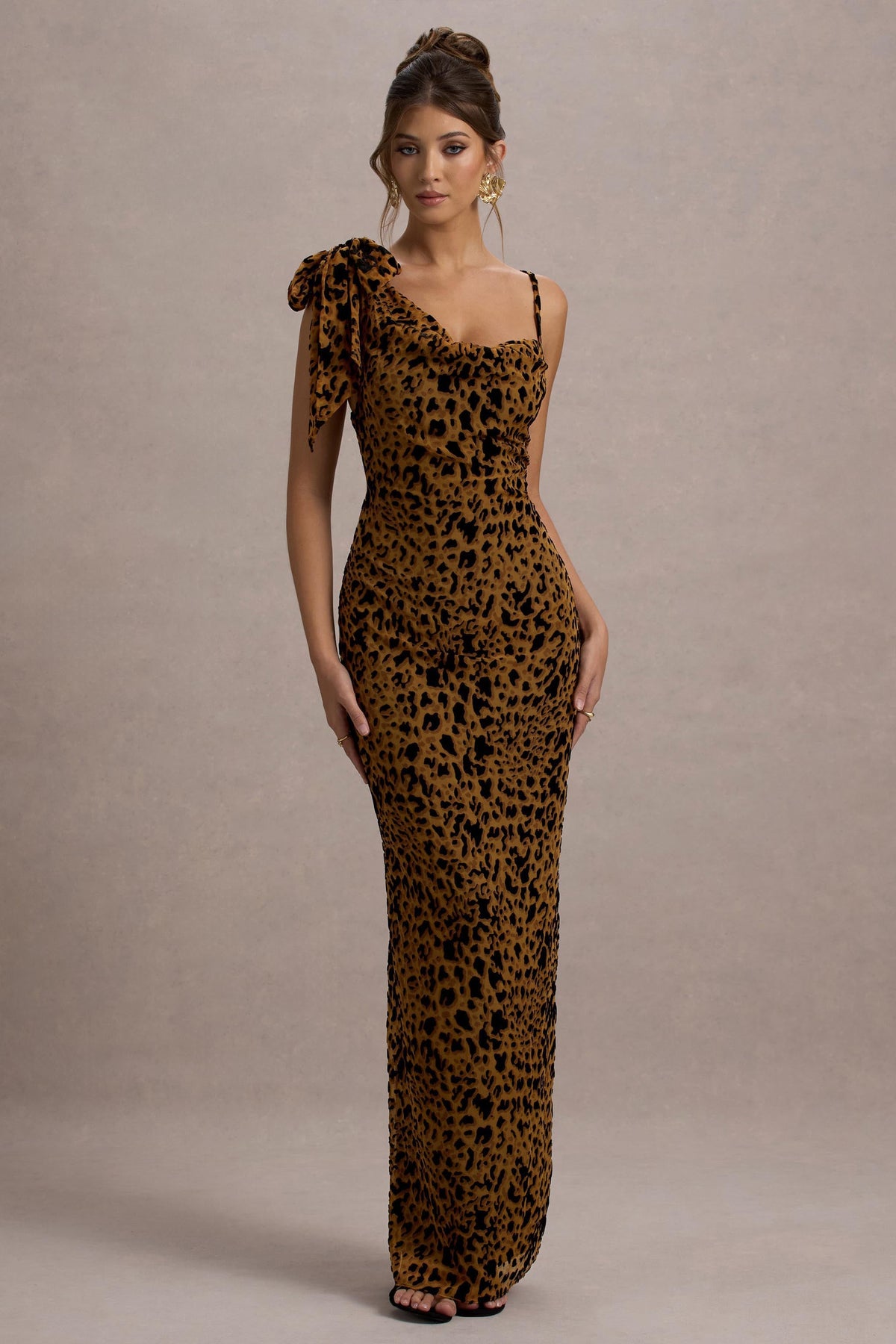 Yasmin | Leopard Print Velvet Strappy Maxi Dress With Bow