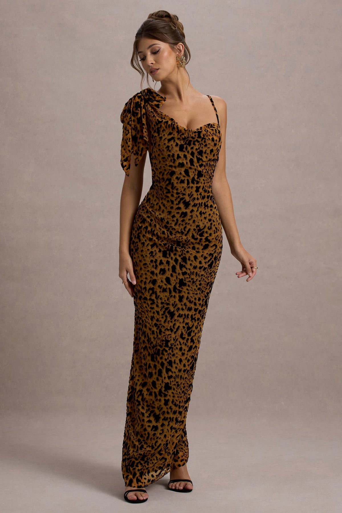 Yasmin | Leopard Print Velvet Strappy Maxi Dress With Bow