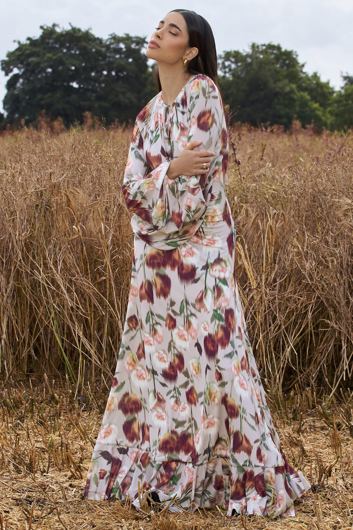 Althena | Cream Floral Print Balloon-Sleeve Maxi Dress