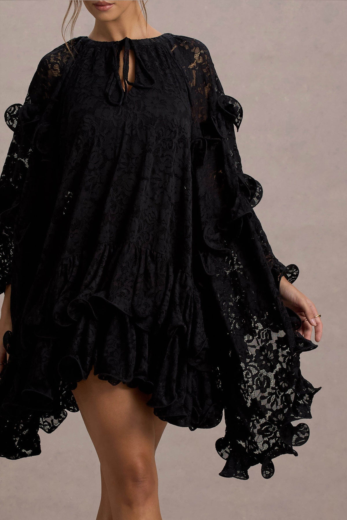 Arlington | Black Lace Cape-Sleeve Mini Dress