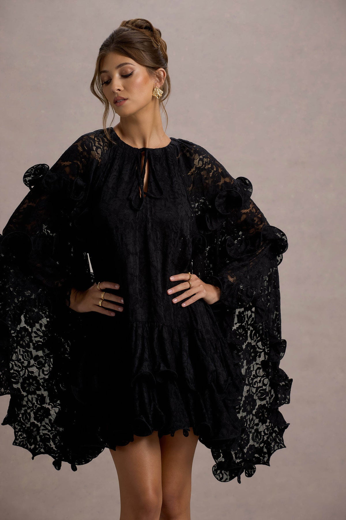 Arlington | Black Lace Cape-Sleeve Mini Dress