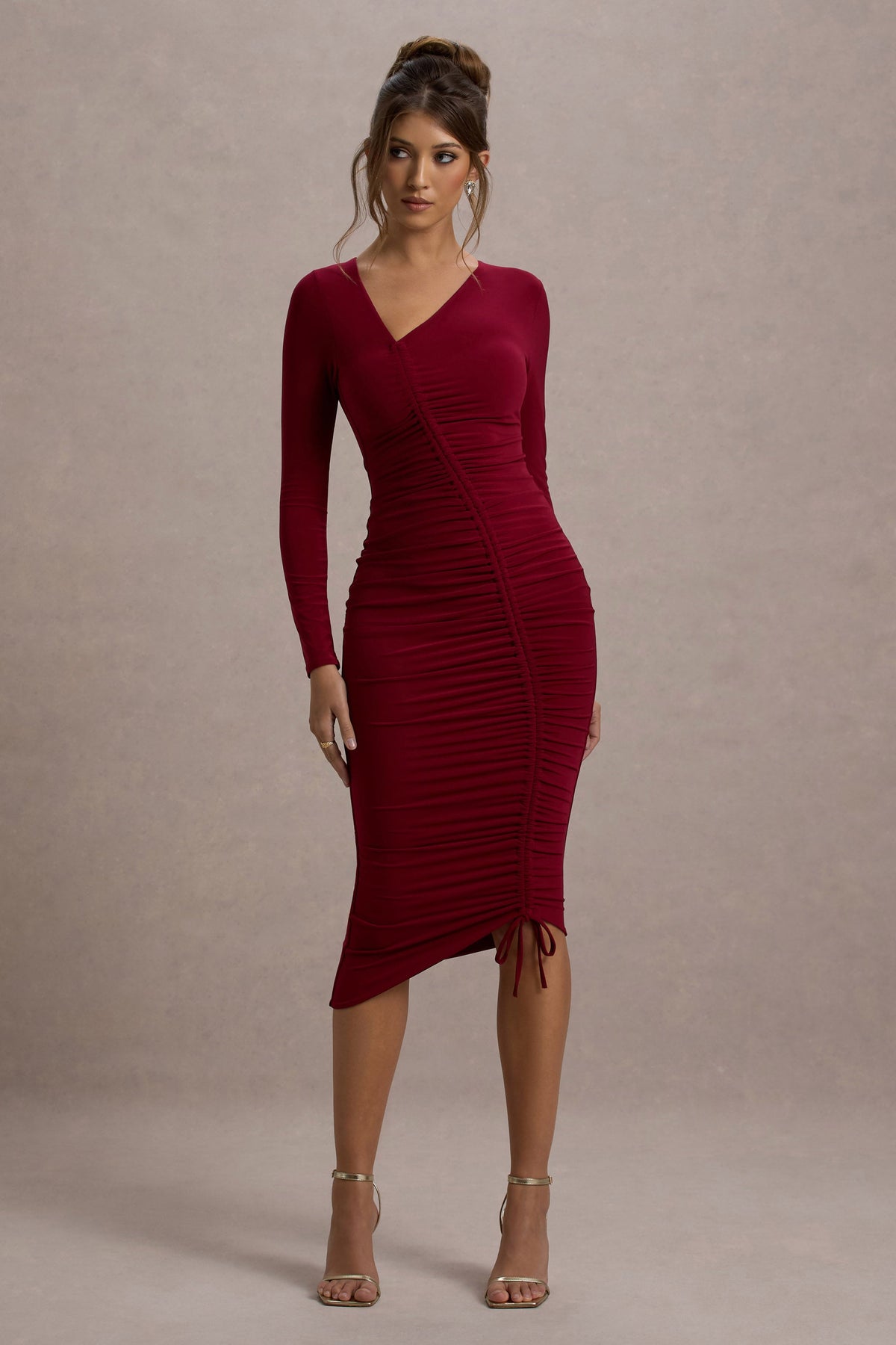 Lilia | Berry Ruched Asymmetric Midi Dress