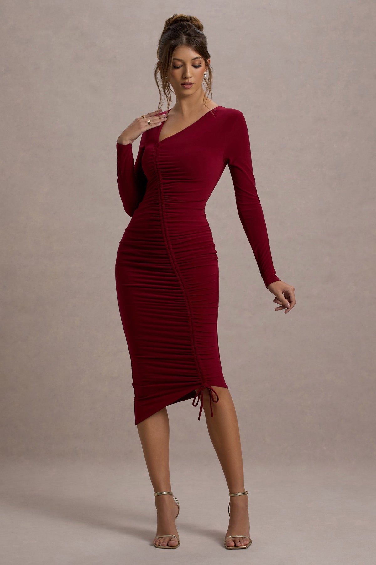 Lilia | Berry Ruched Asymmetric Midi Dress