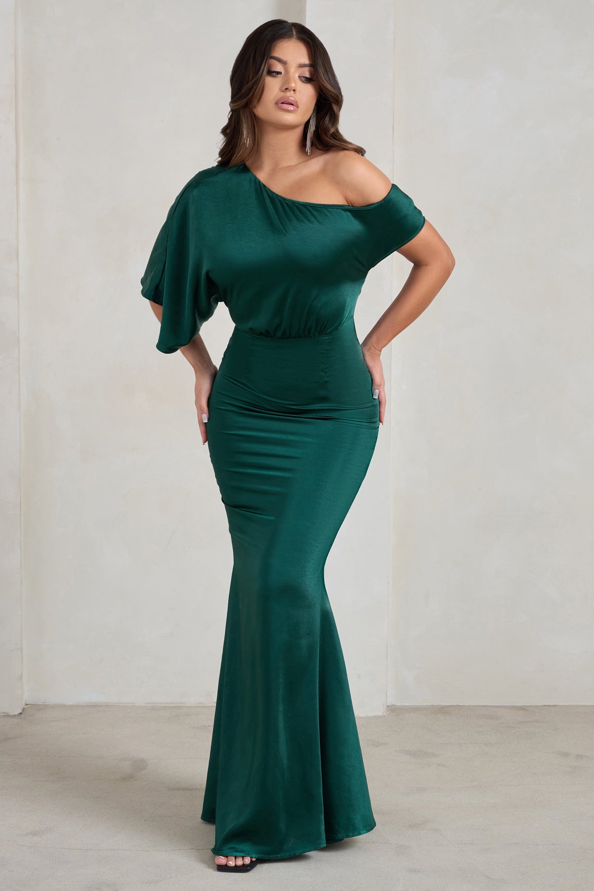 Sabrina | Bottle Green Asymmetric Off The Shoulder Satin Maxi Dress