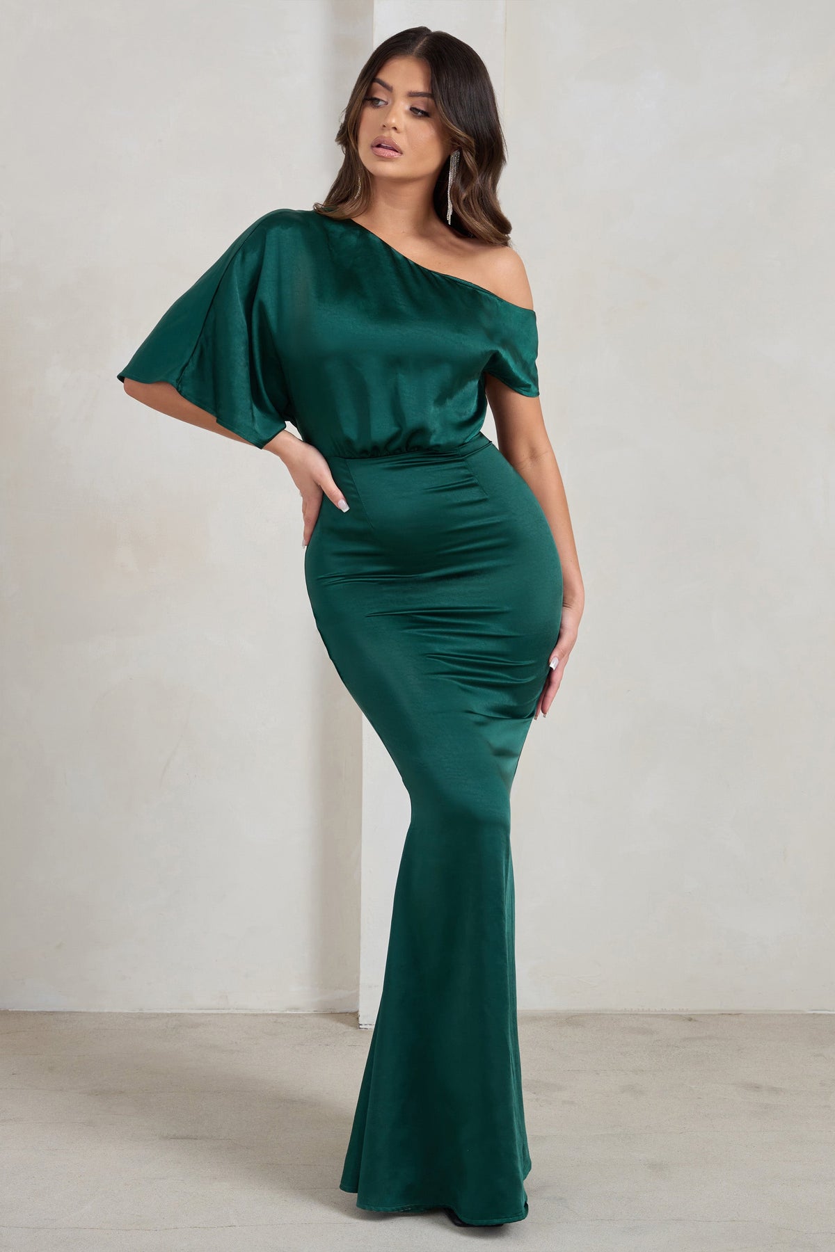 Sabrina | Bottle Green Asymmetric Off The Shoulder Satin Maxi Dress