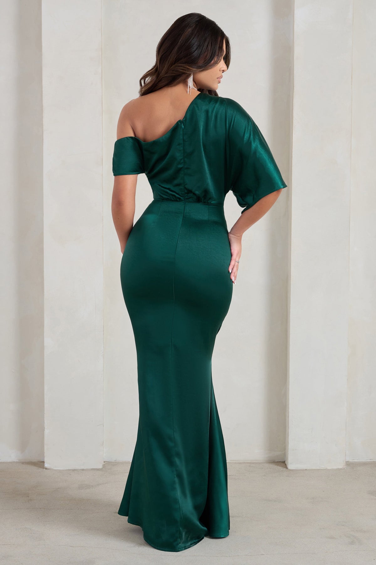 Sabrina | Bottle Green Asymmetric Off The Shoulder Satin Maxi Dress