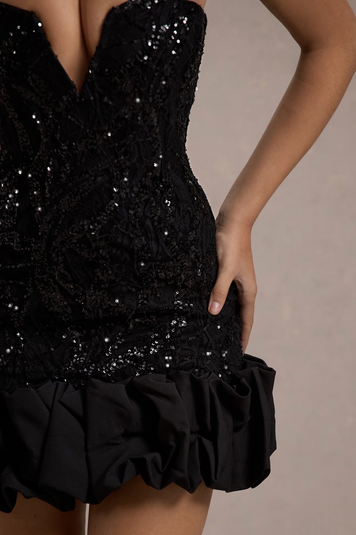 Nadia | Black Sequin Strapless Mini Dress With Ruffle Trim