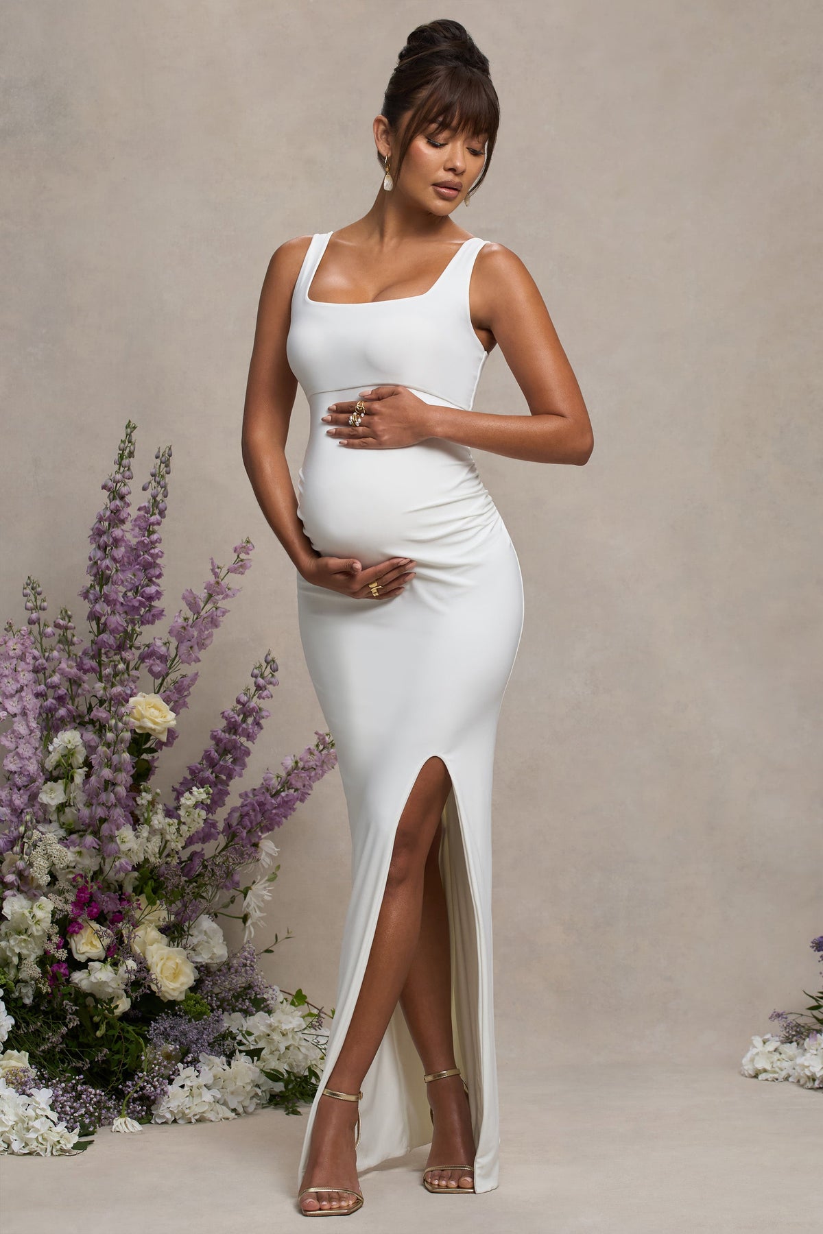 Avril | White Square Neck Maternity Maxi Dress with Split