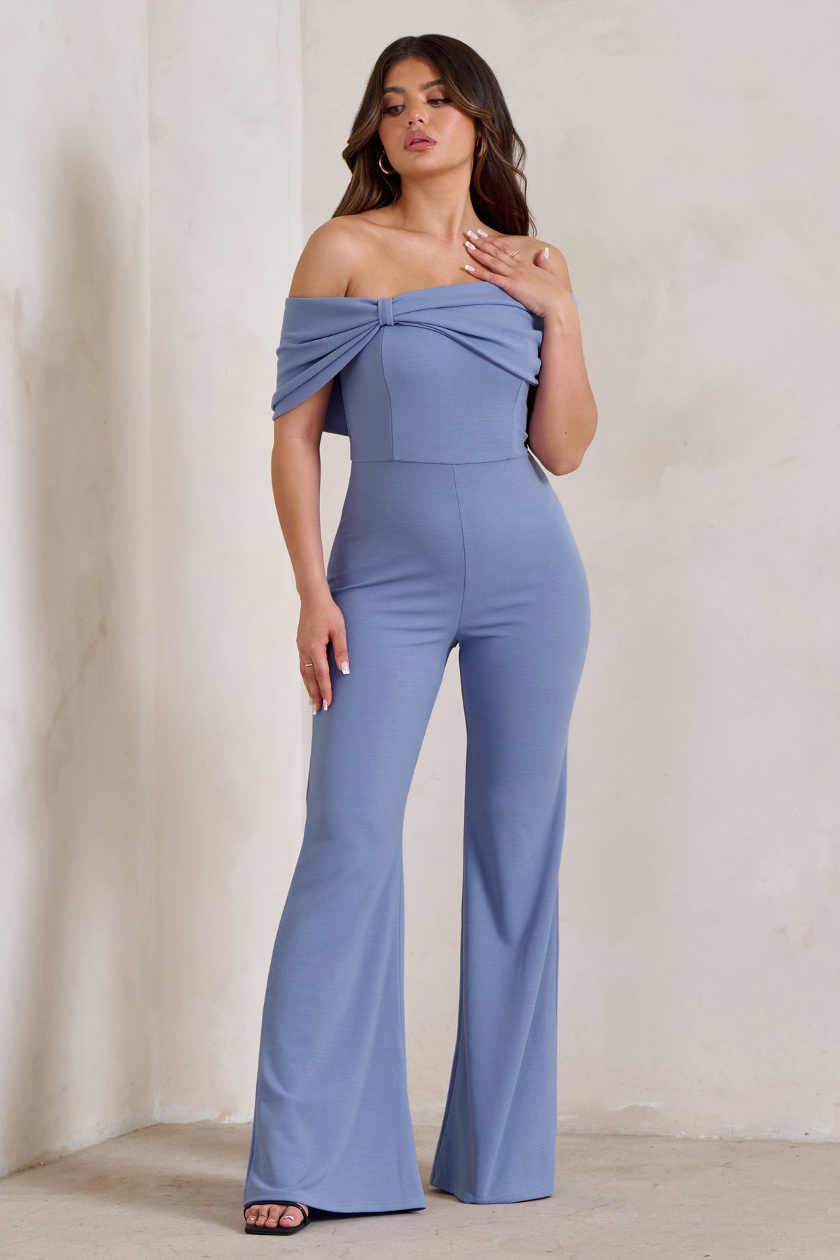 Zoey | Blue Bardot Bow Detail Jumpsuit