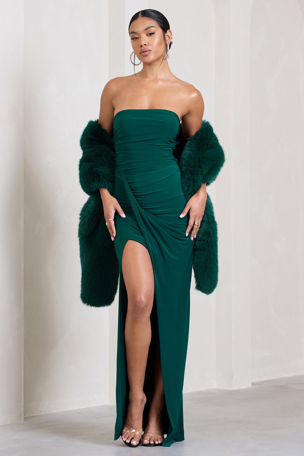 Paprika | Bottle Green Ruched Halter-Neck Bandeau Maxi Dress