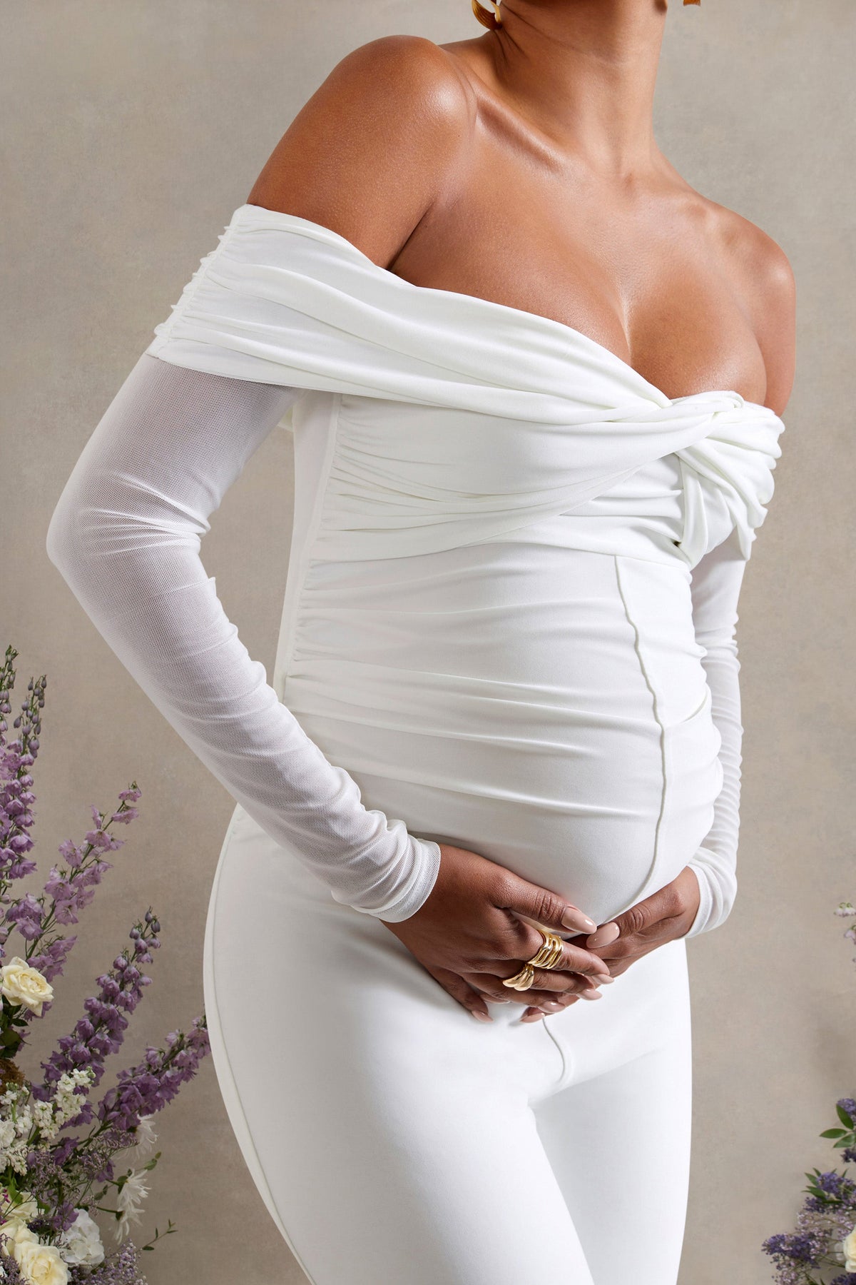 Kyla | White Ruched Bardot Long-Sleeved Wide-Leg Maternity Jumpsuit