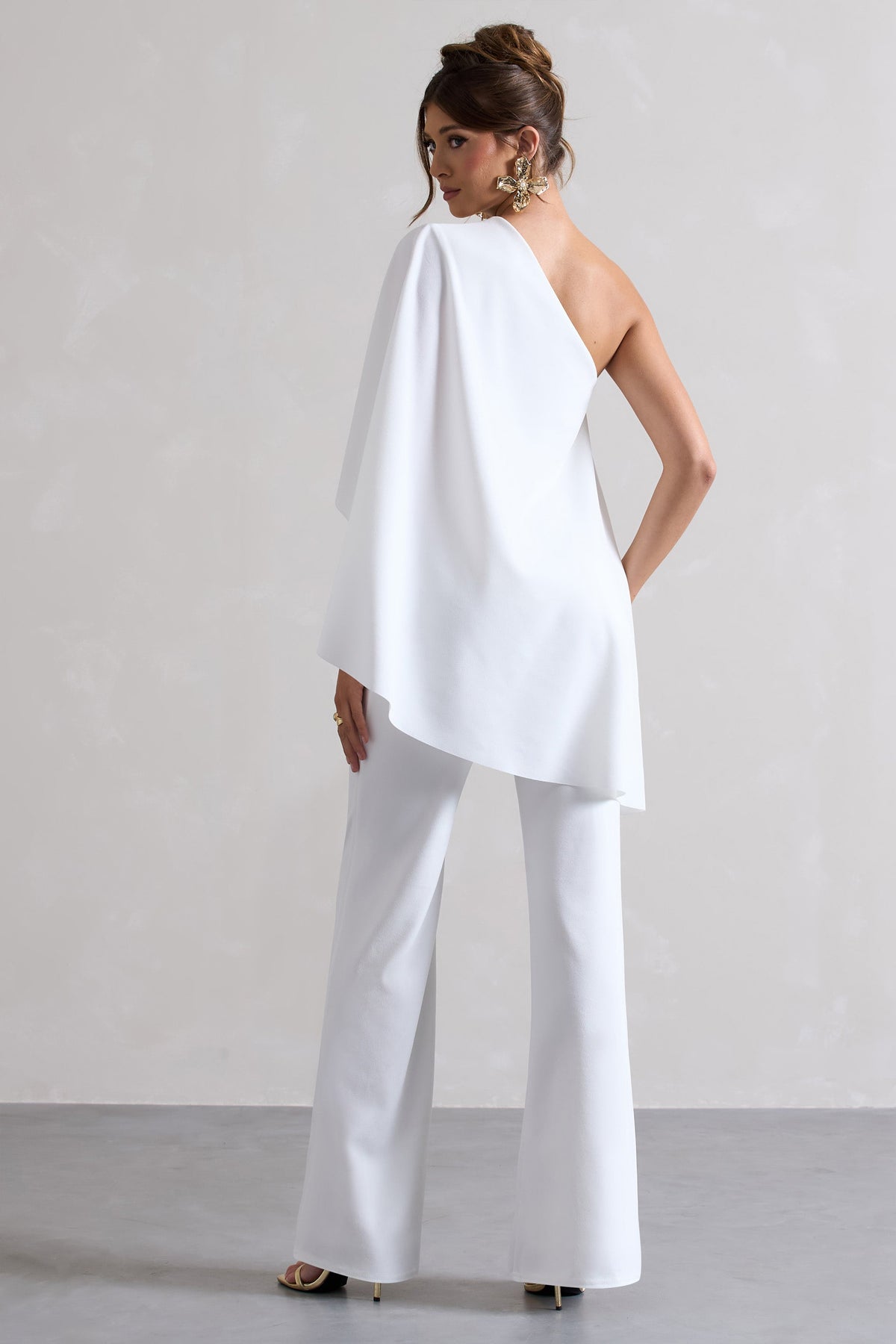 Pristine | White One Shoulder Cape Sleeve Flared-Leg Jumpsuit